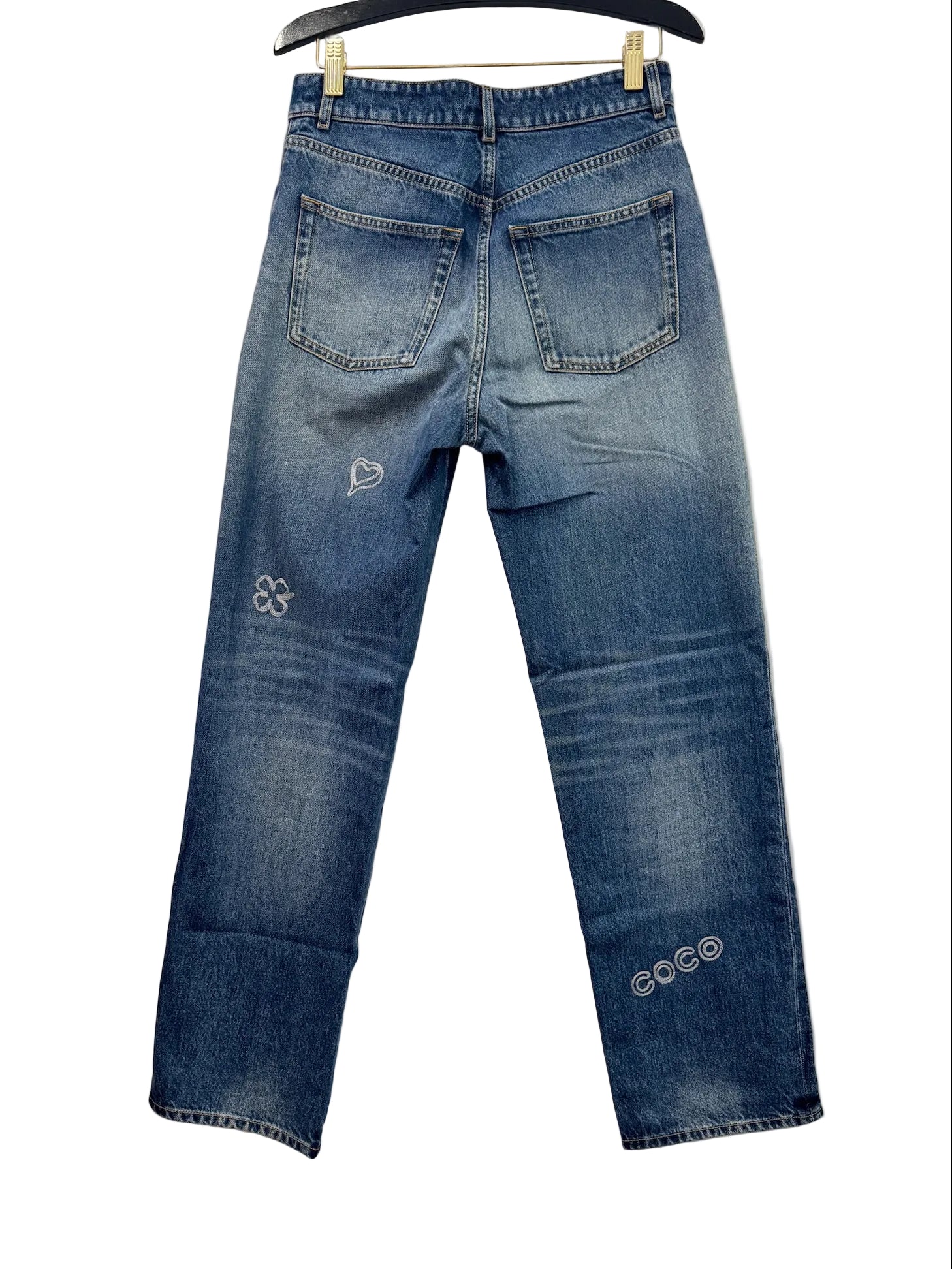 Chanel Blue Denim Jeans with Heart Embroidery