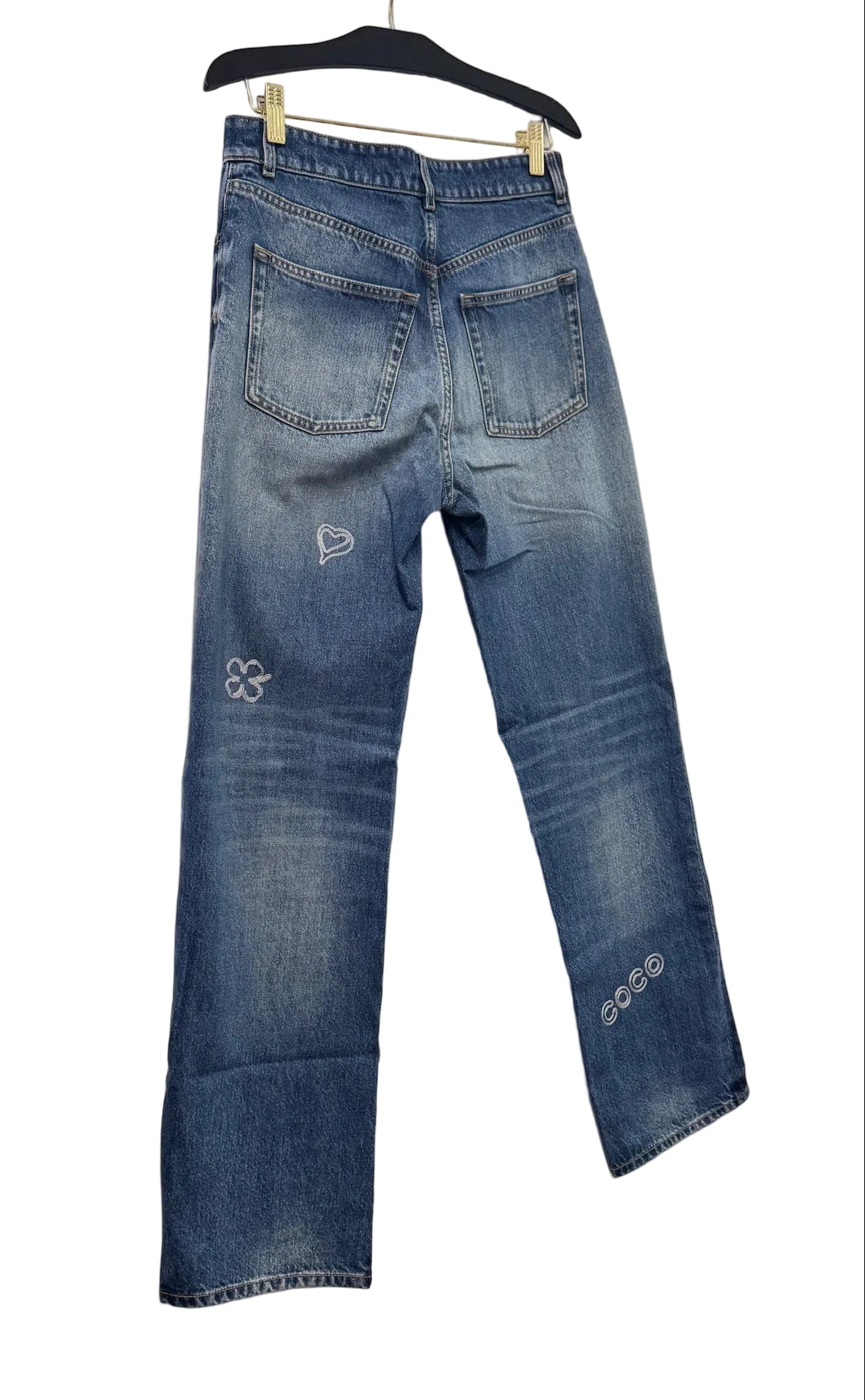 Chanel Blue Denim Jeans with Heart Embroidery