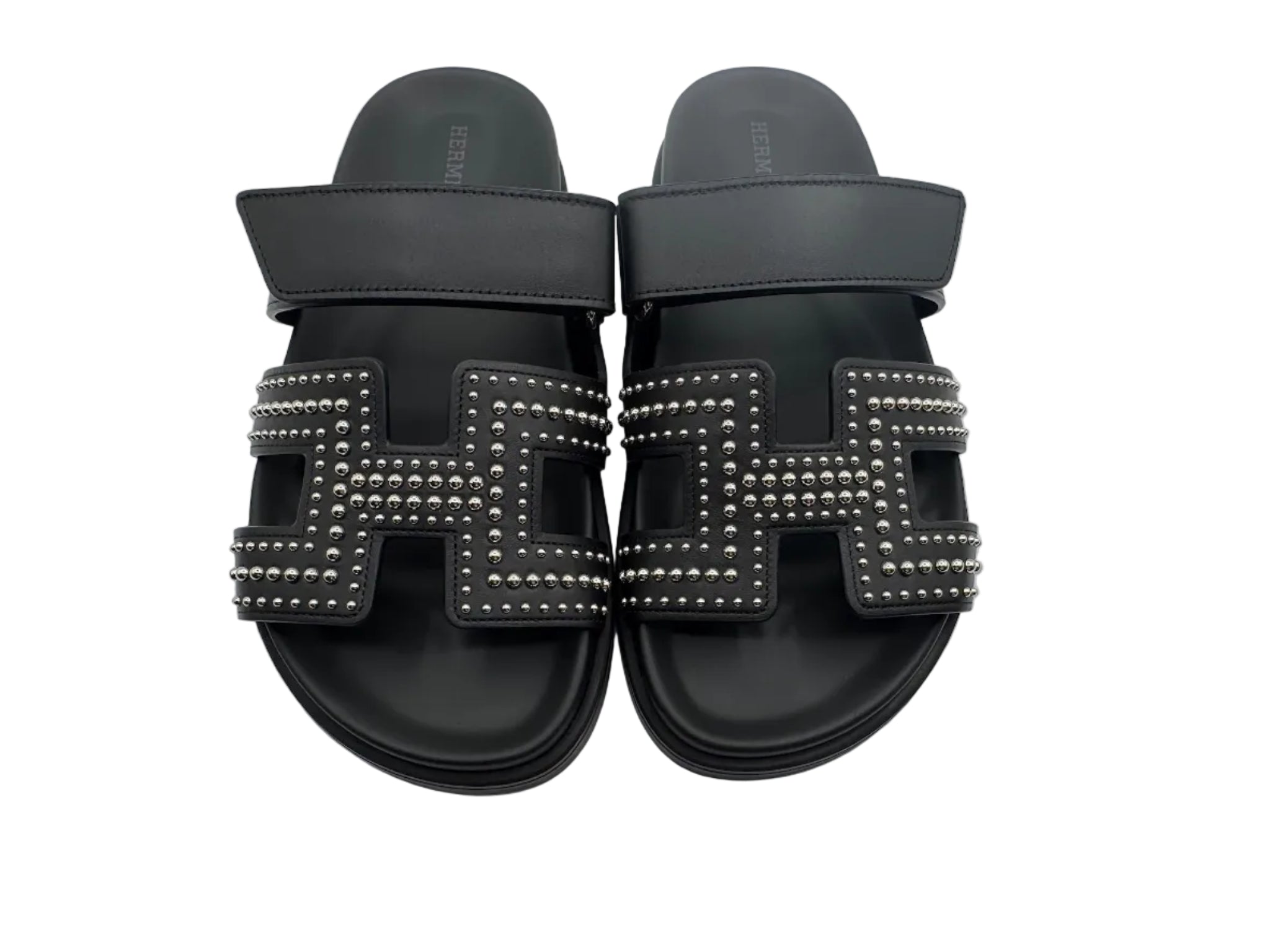 Hermès Black Leather Round Studs Chypre Sandals