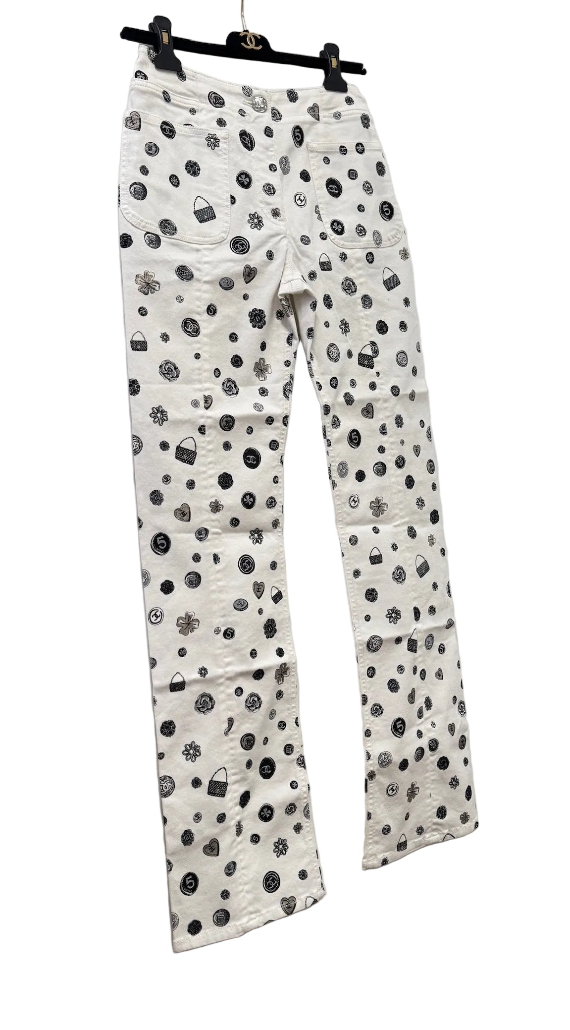 CHANEL White Denim Jeans with Black Charms Logos