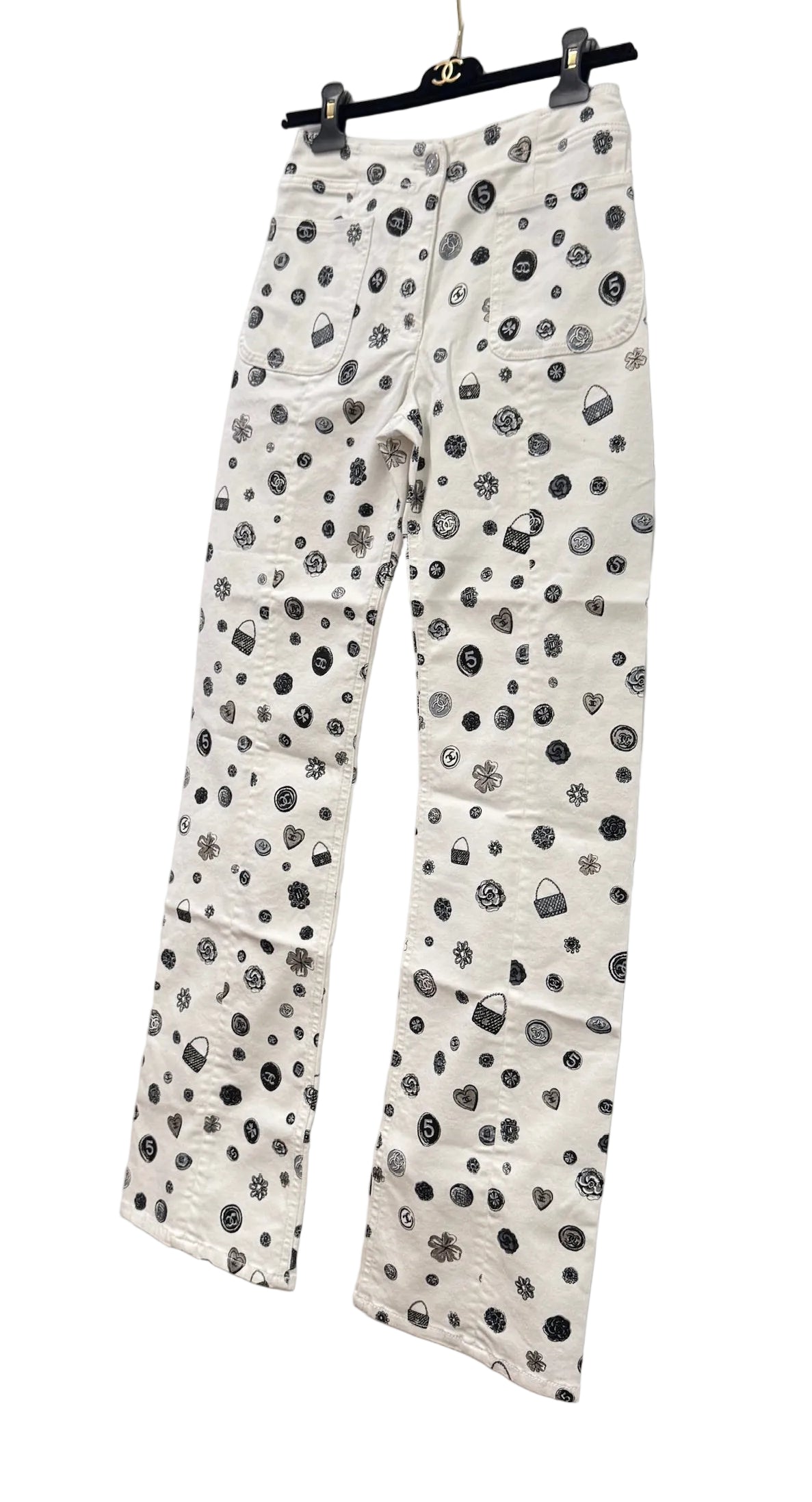 CHANEL White Denim Jeans with Black Charms Logos
