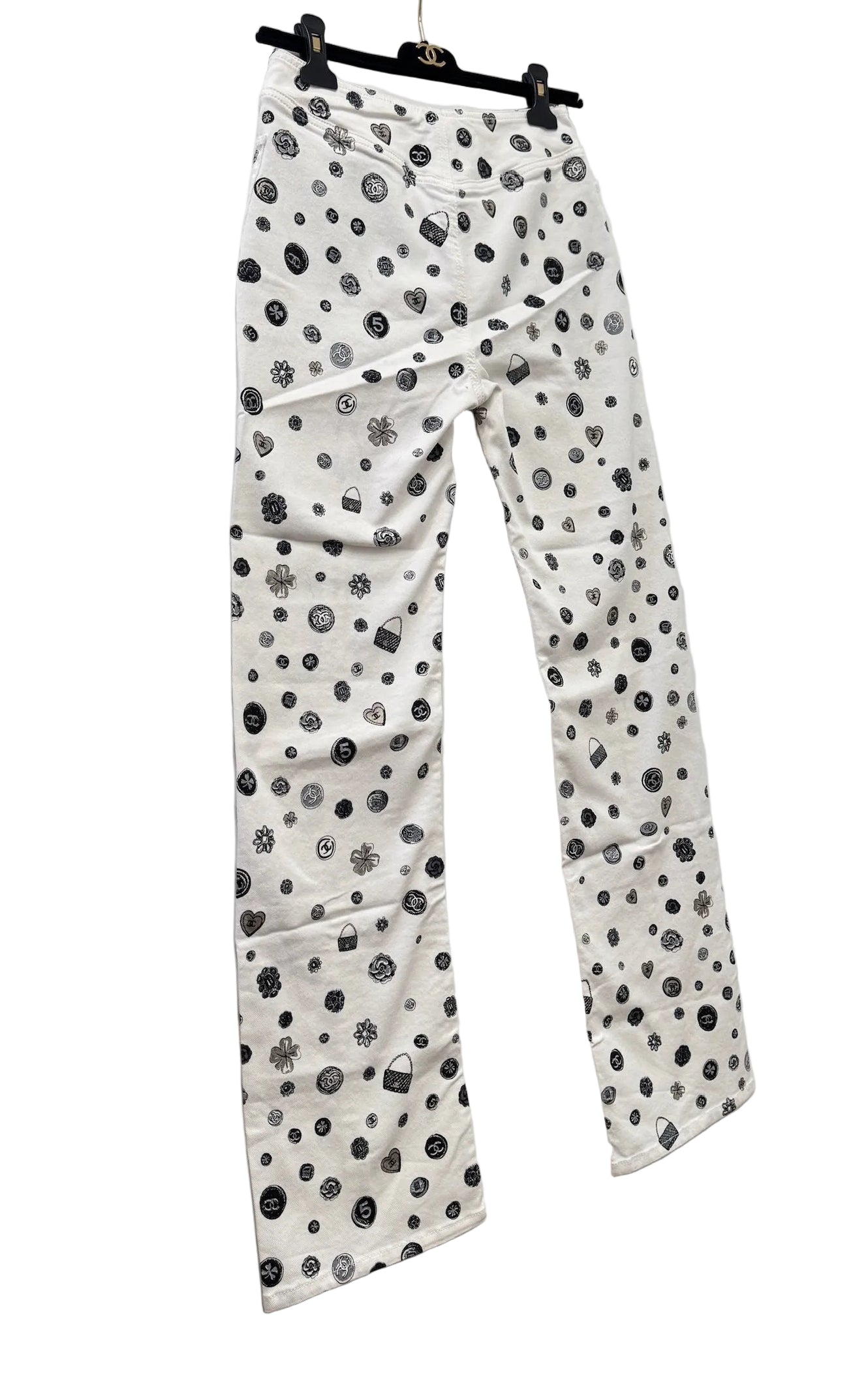 CHANEL White Denim Jeans with Black Charms Logos