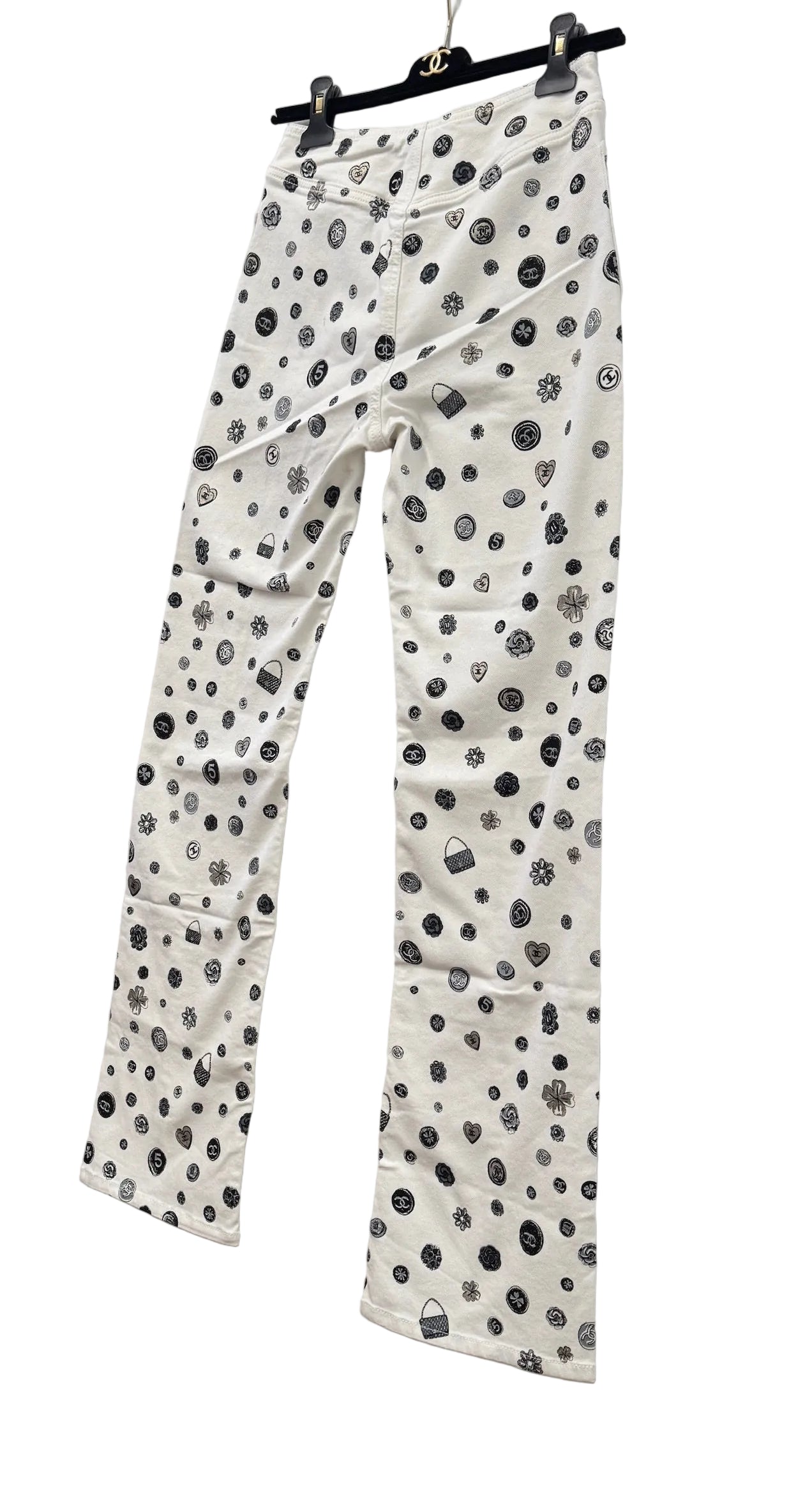 CHANEL White Denim Jeans with Black Charms Logos