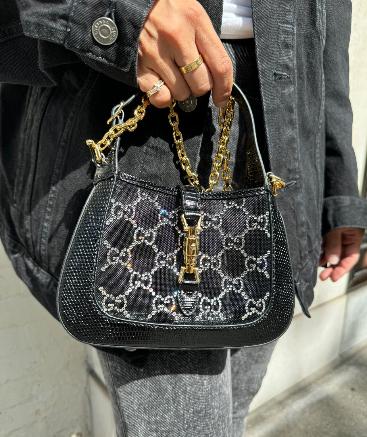 Gucci Mini Jackie Black Lizard Bag with GG Crystals
