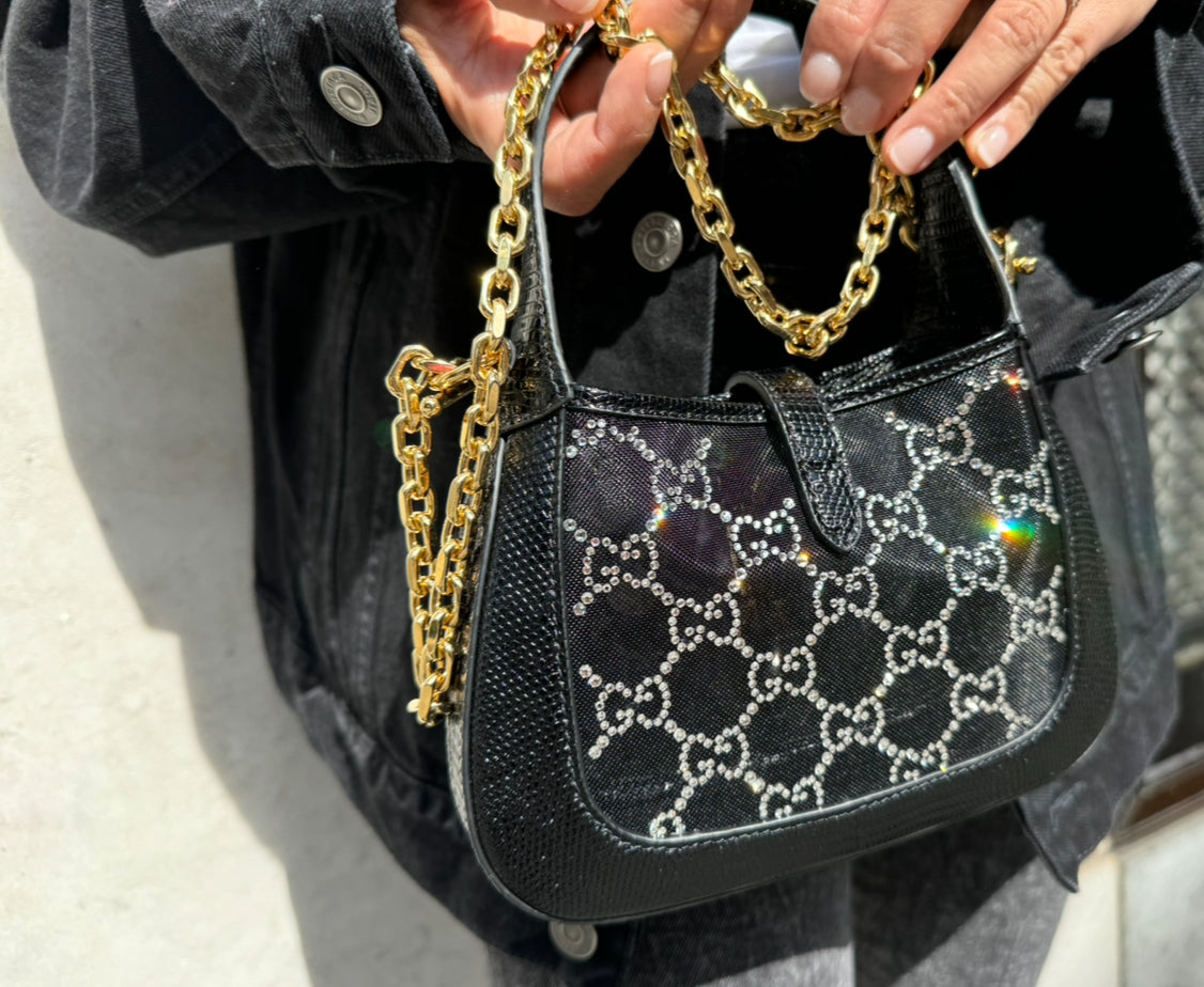 Gucci Mini Jackie Black Lizard Bag with GG Crystals