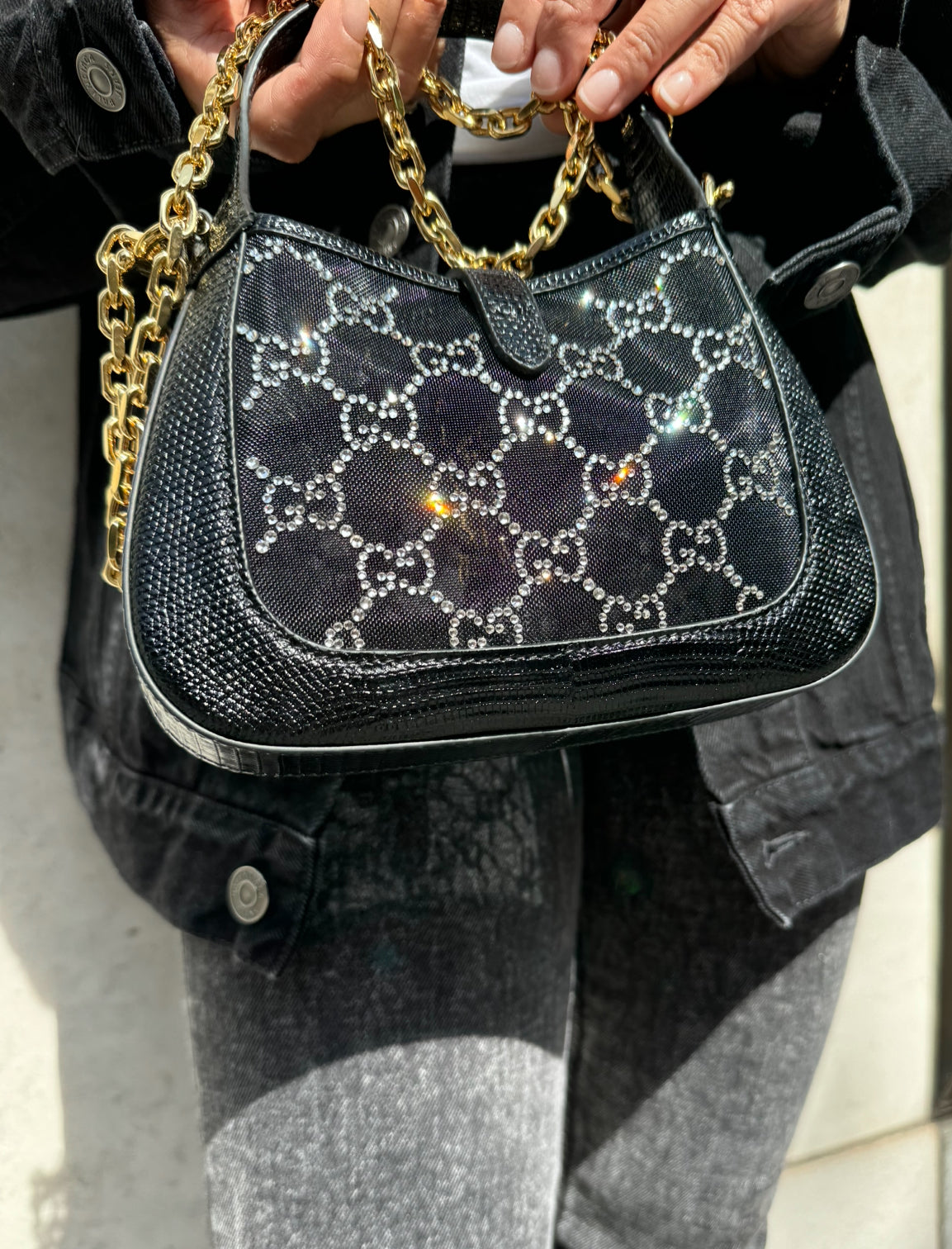 Gucci Mini Jackie Black Lizard Bag with GG Crystals