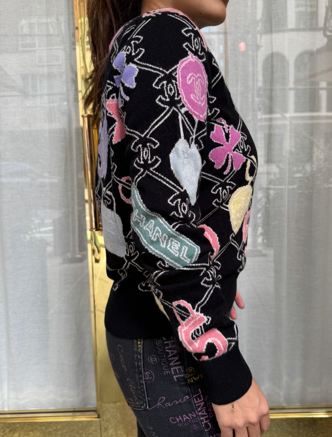 Chanel Black Cashmere Pullover with Colorful CC Logo and Charms - Size