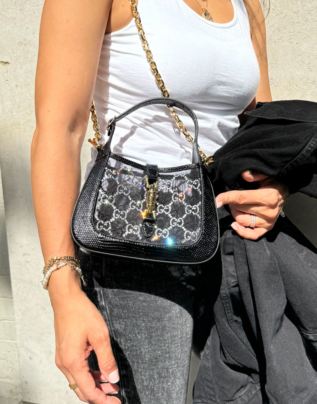 Gucci Mini Jackie Black Lizard Bag with GG Crystals