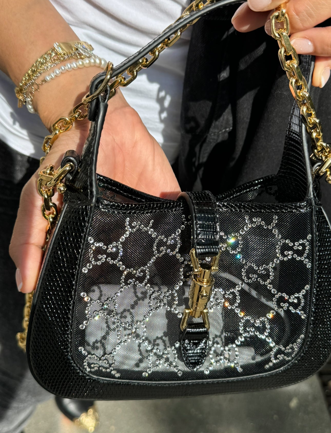 Gucci Mini Jackie Black Lizard Bag with GG Crystals