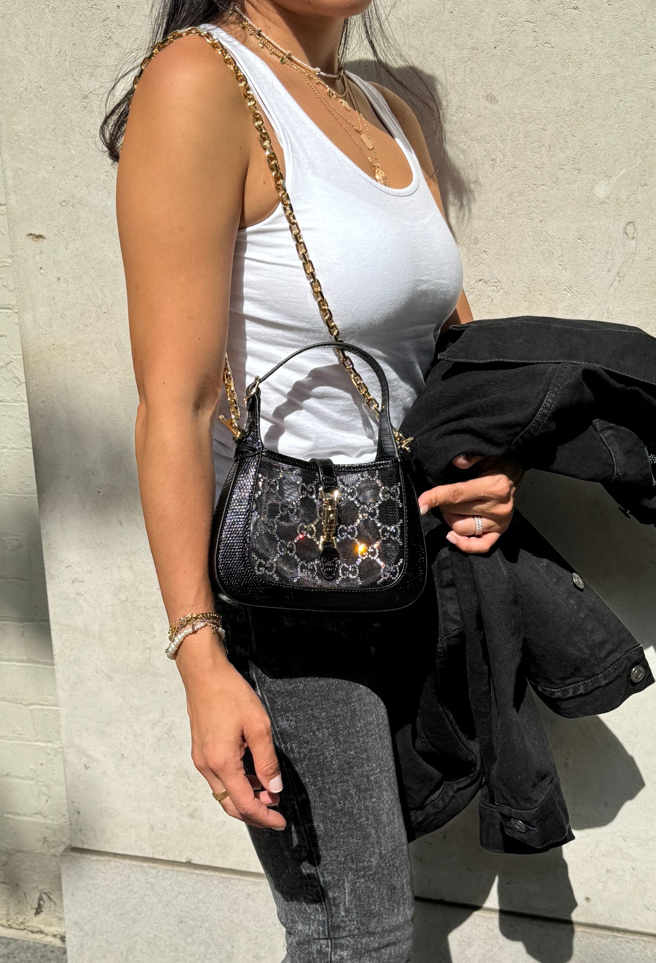 Gucci Mini Jackie Black Lizard Bag with GG Crystals