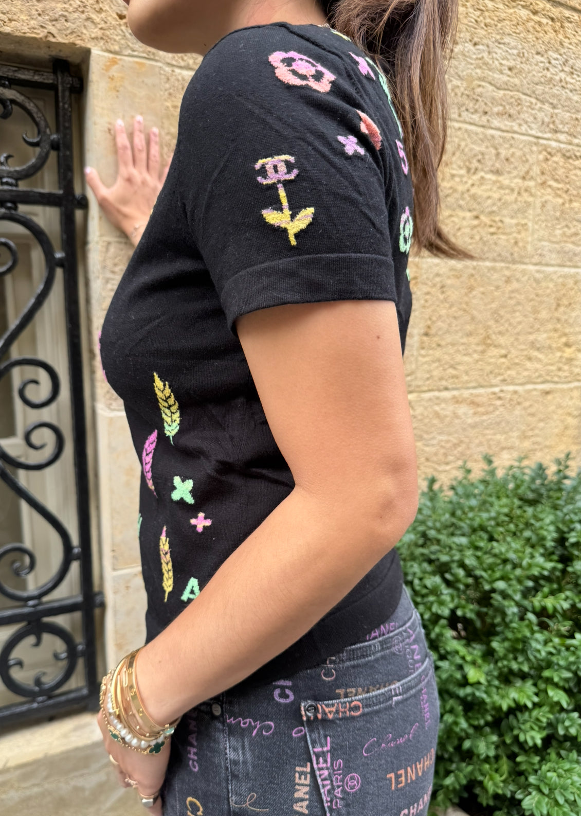 Chanel Black Top with Multicolor CHANEL Print Logo