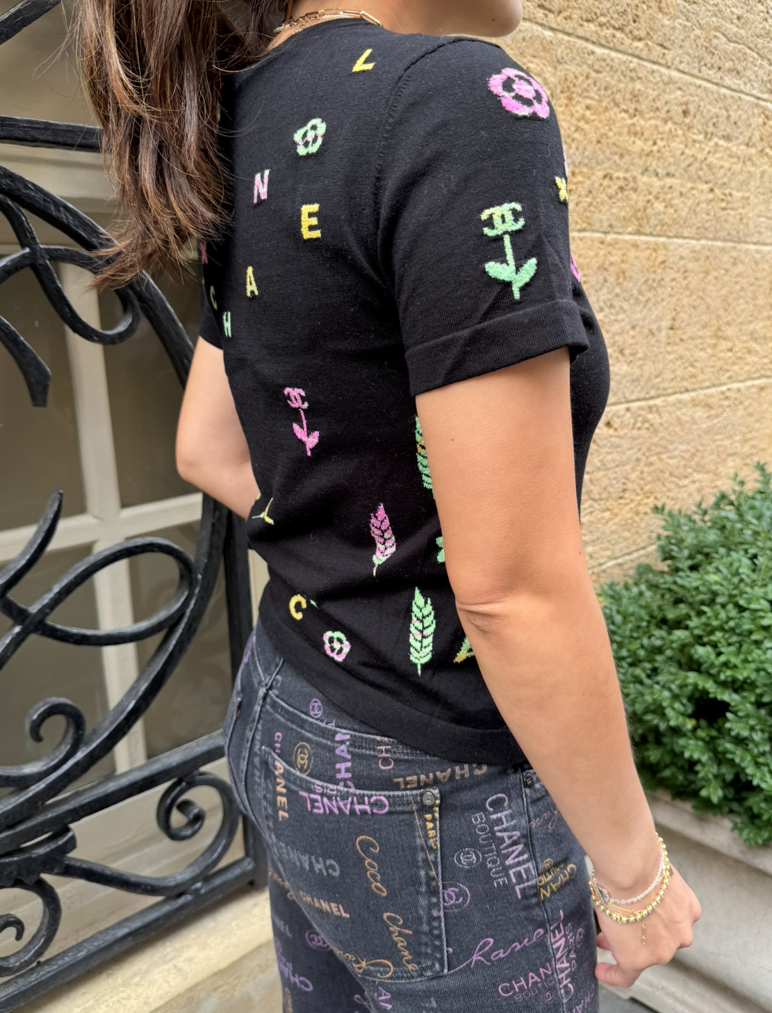 Chanel Black Top with Multicolor CHANEL Print Logo