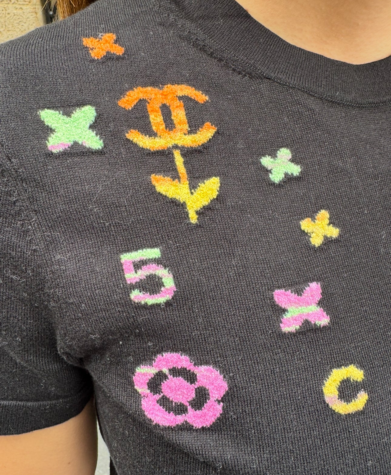 Chanel Black Top with Multicolor CHANEL Print Logo