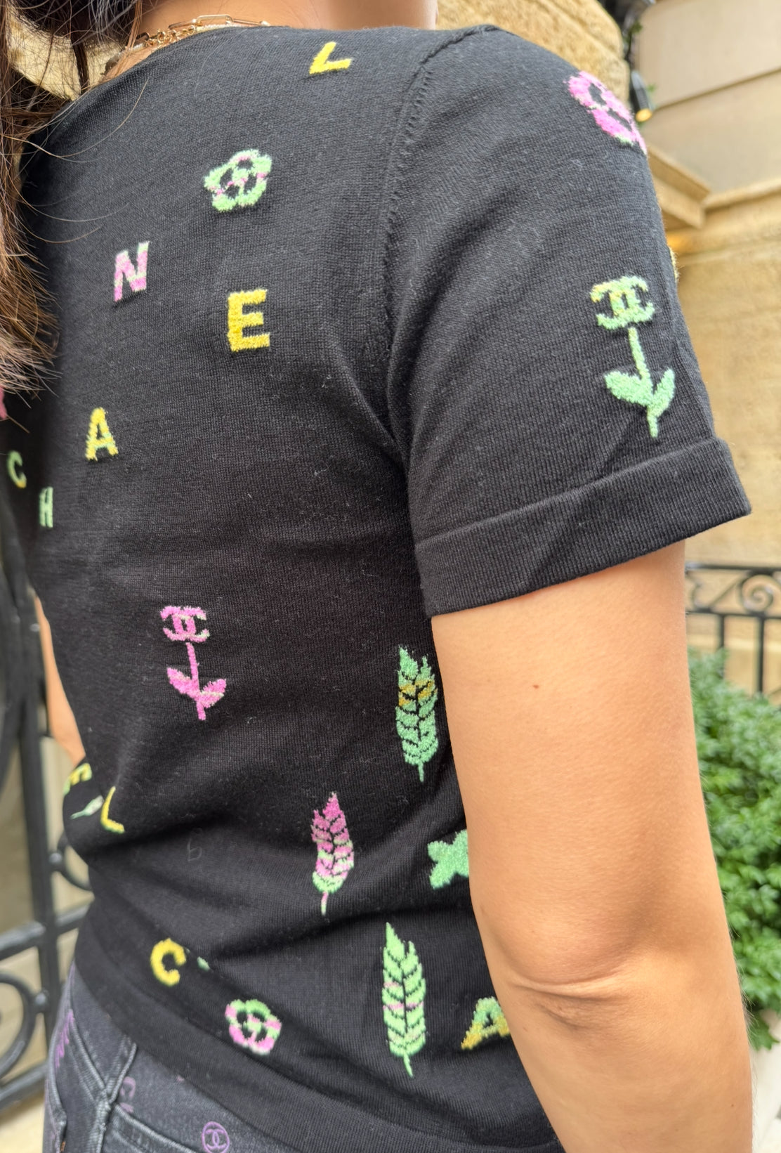Chanel Black Top with Multicolor CHANEL Print Logo