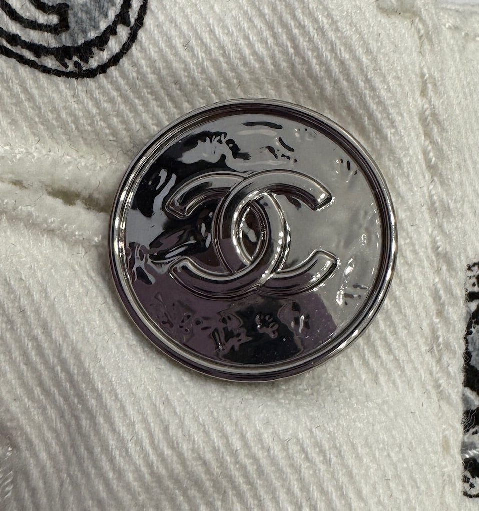 CHANEL White Denim Jeans with Black Charms Logos