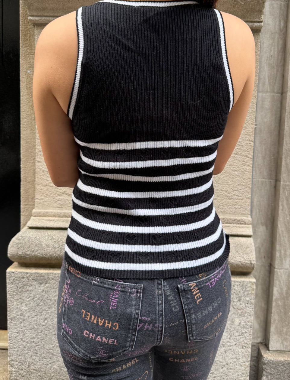 Chanel Black and White Striped Tank Top CC Logo - Size FR 38
