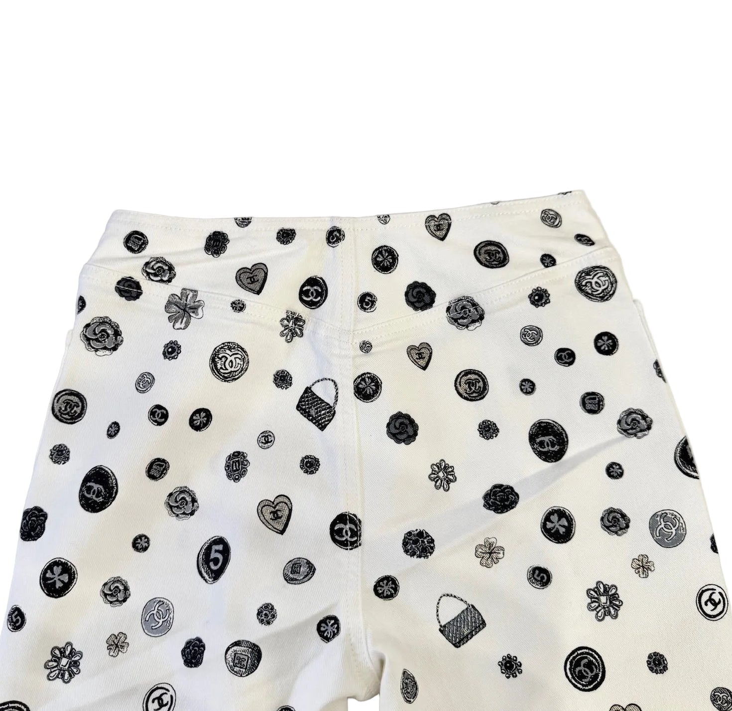 CHANEL White Denim Jeans with Black Charms Logos
