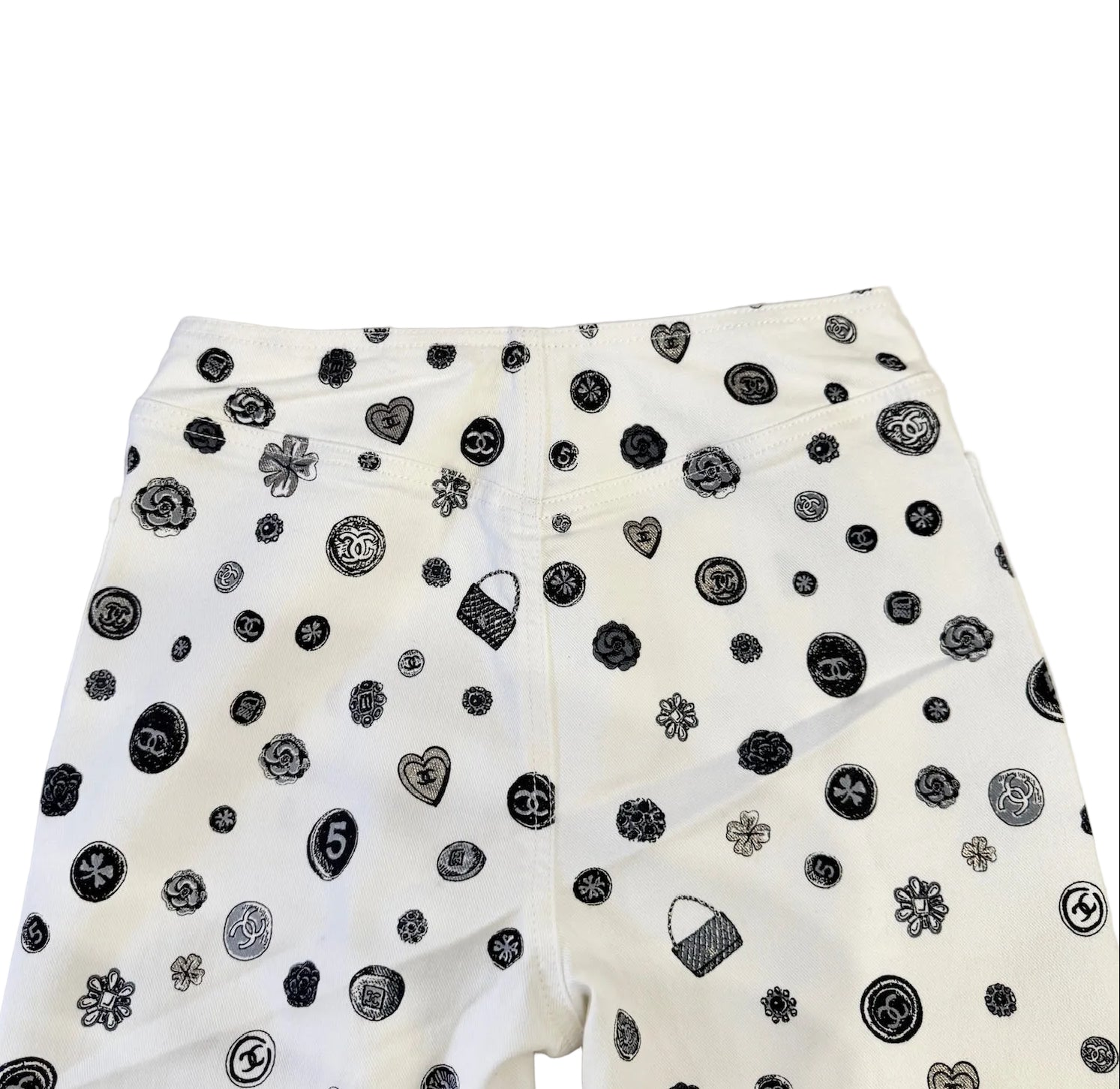 CHANEL White Denim Jeans with Black Charms Logos