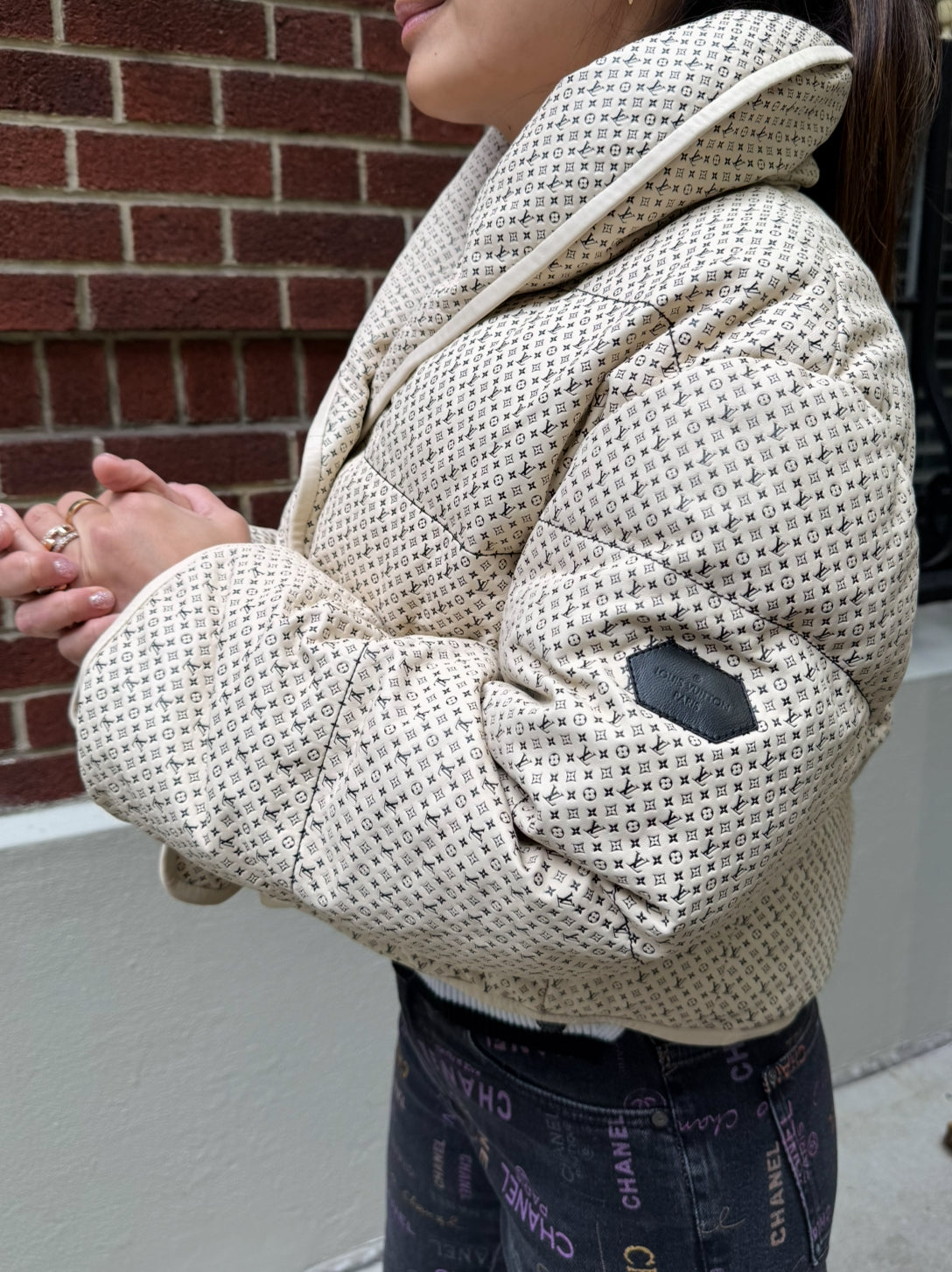 Louis Vuitton Cream Leather Puffer Jacket with Mini Monograms