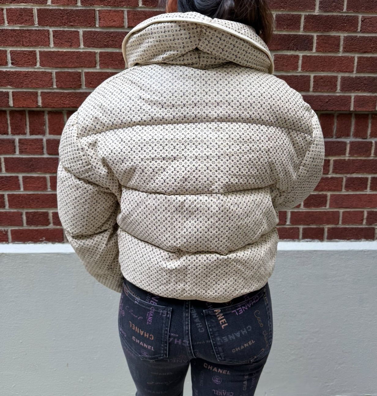 Louis Vuitton Cream Leather Puffer Jacket with Mini Monograms
