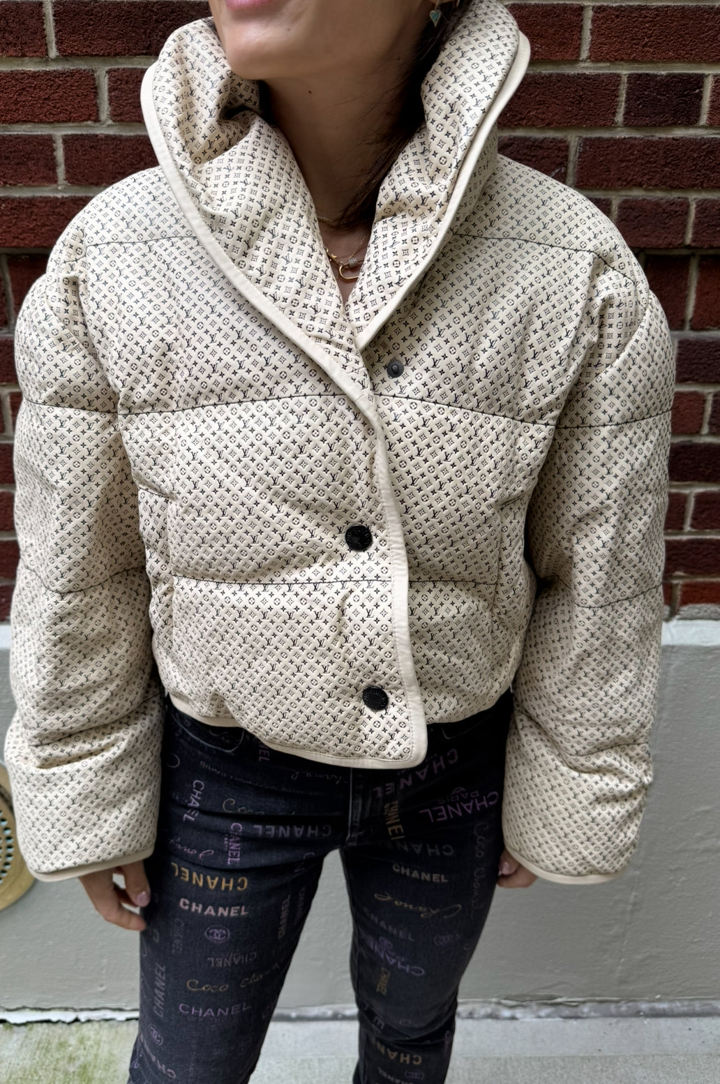 Louis Vuitton Cream Leather Puffer Jacket with Mini Monograms