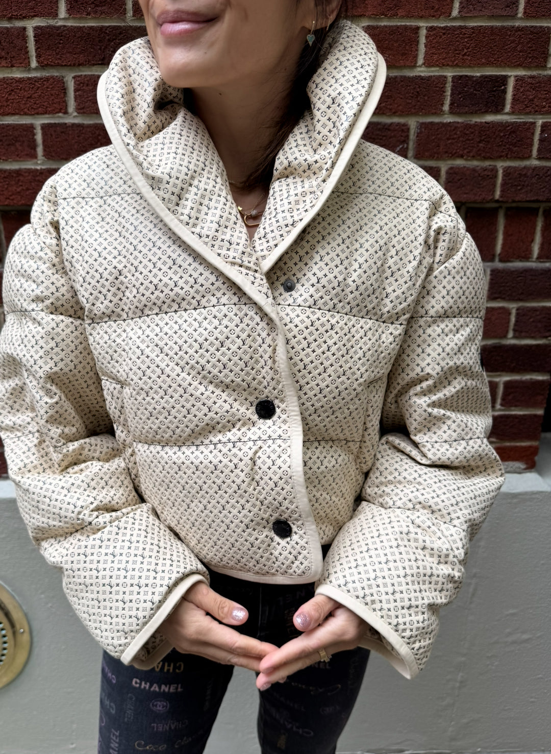 Louis Vuitton Cream Leather Puffer Jacket with Mini Monograms - Size F