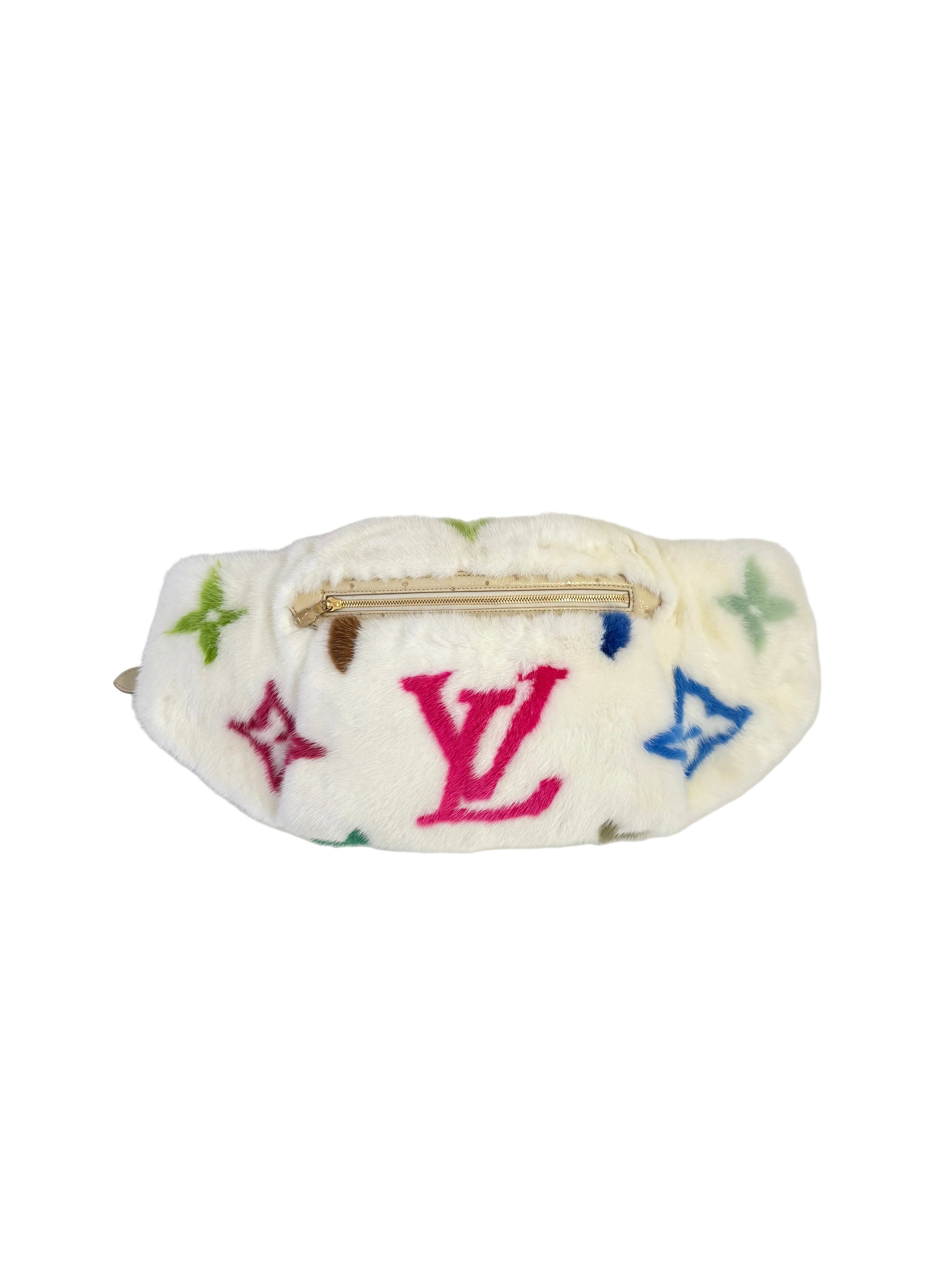 Louis Vuitton X Takashi Murakami White Mink Bumbag With Ostrich and Multicolors Monogram