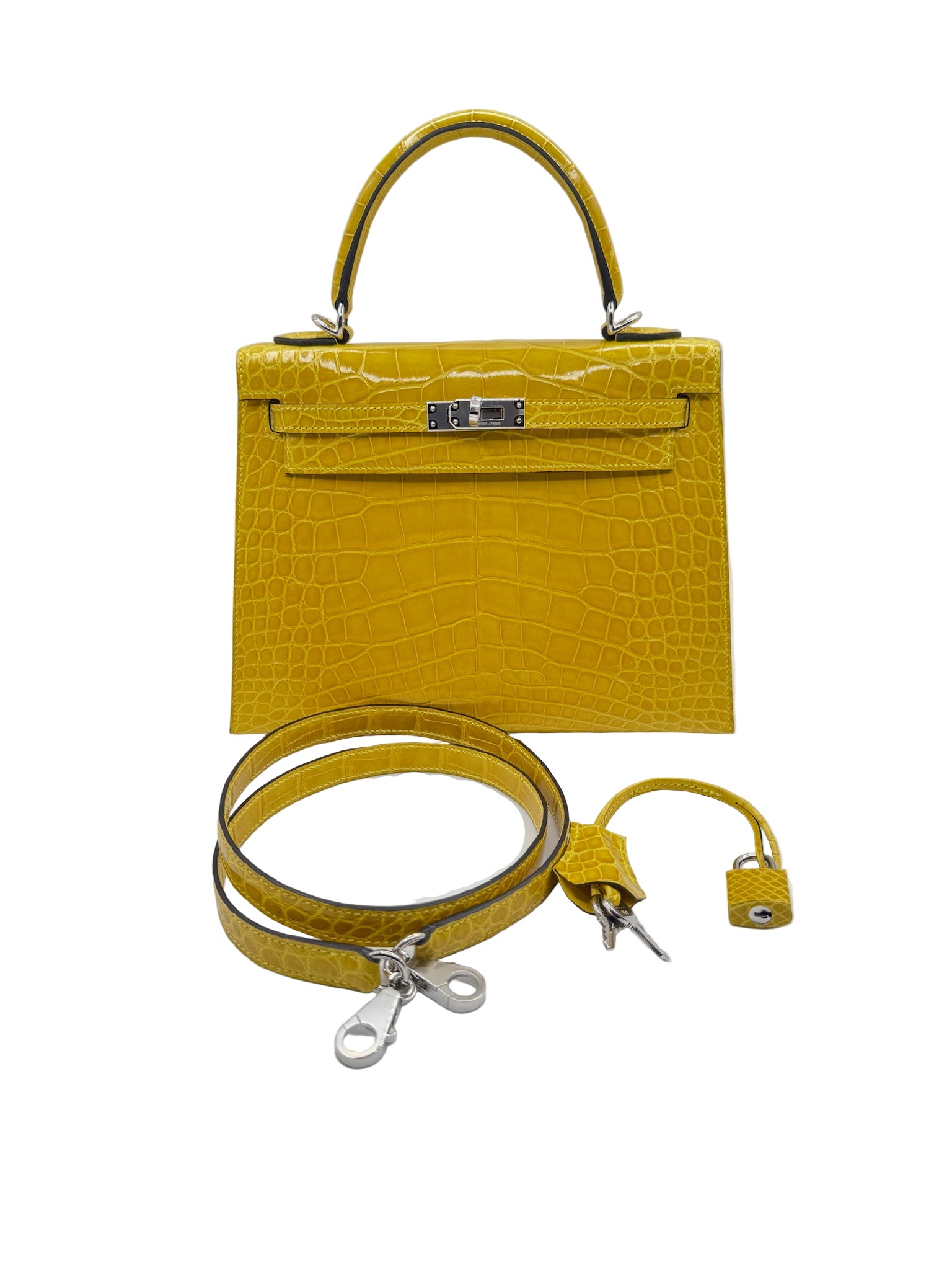 Hermès Kelly 25 Mimosa Yellow Alligator Palladium Hardware