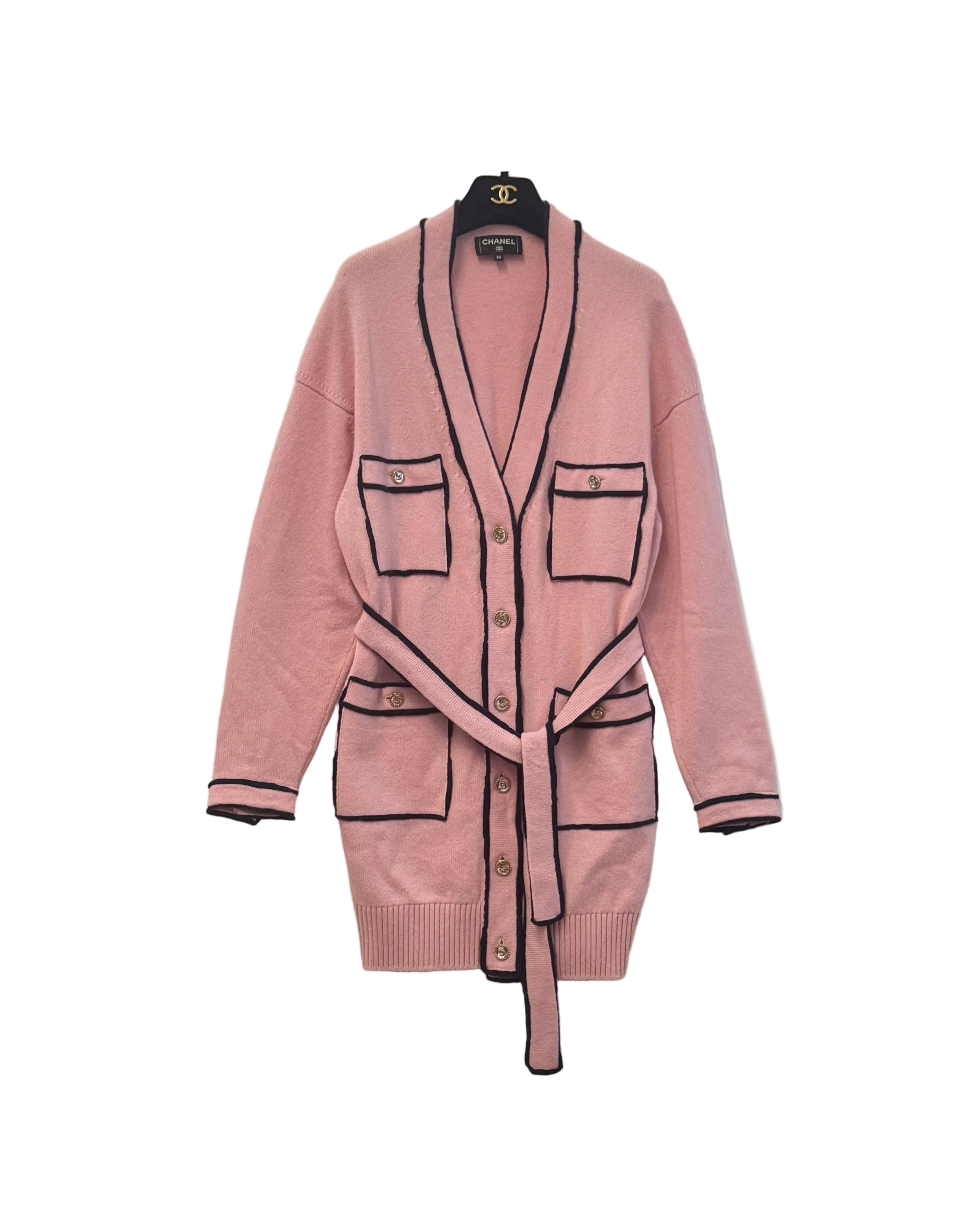 Chanel Cashmere Baby Pink with Navy Blue Belted Cardigan - Size FR 34