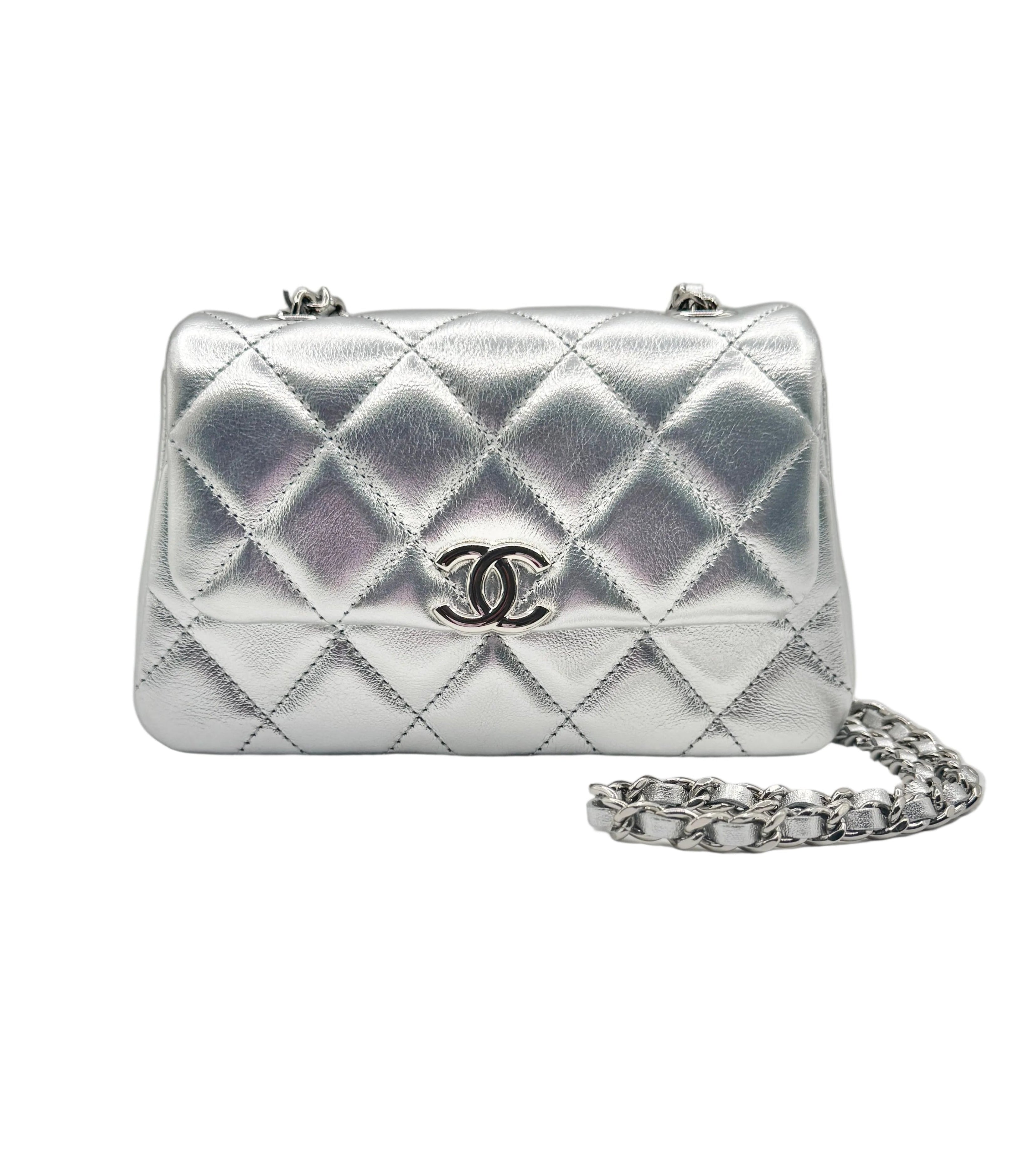 CHANEL Silver Metallic Micro Flapbag