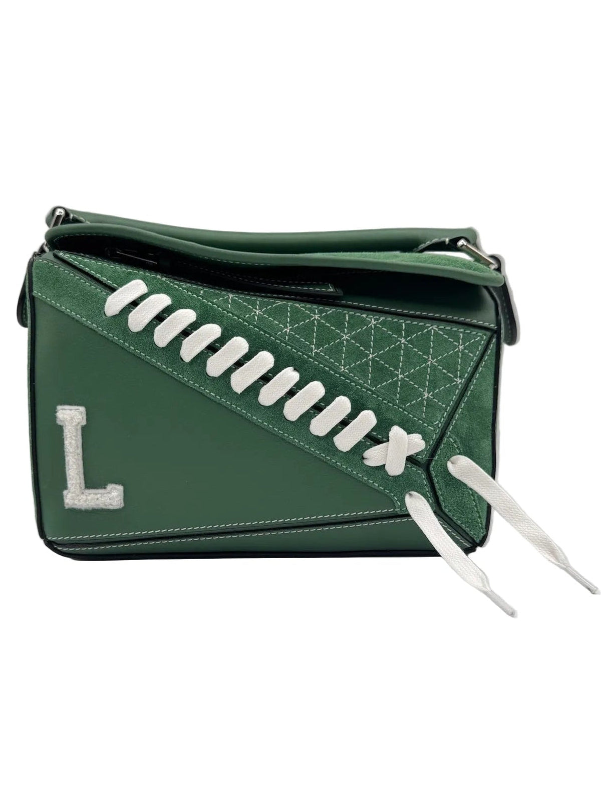 Loewe Green Suede Puzzle 10 Varsity Bag