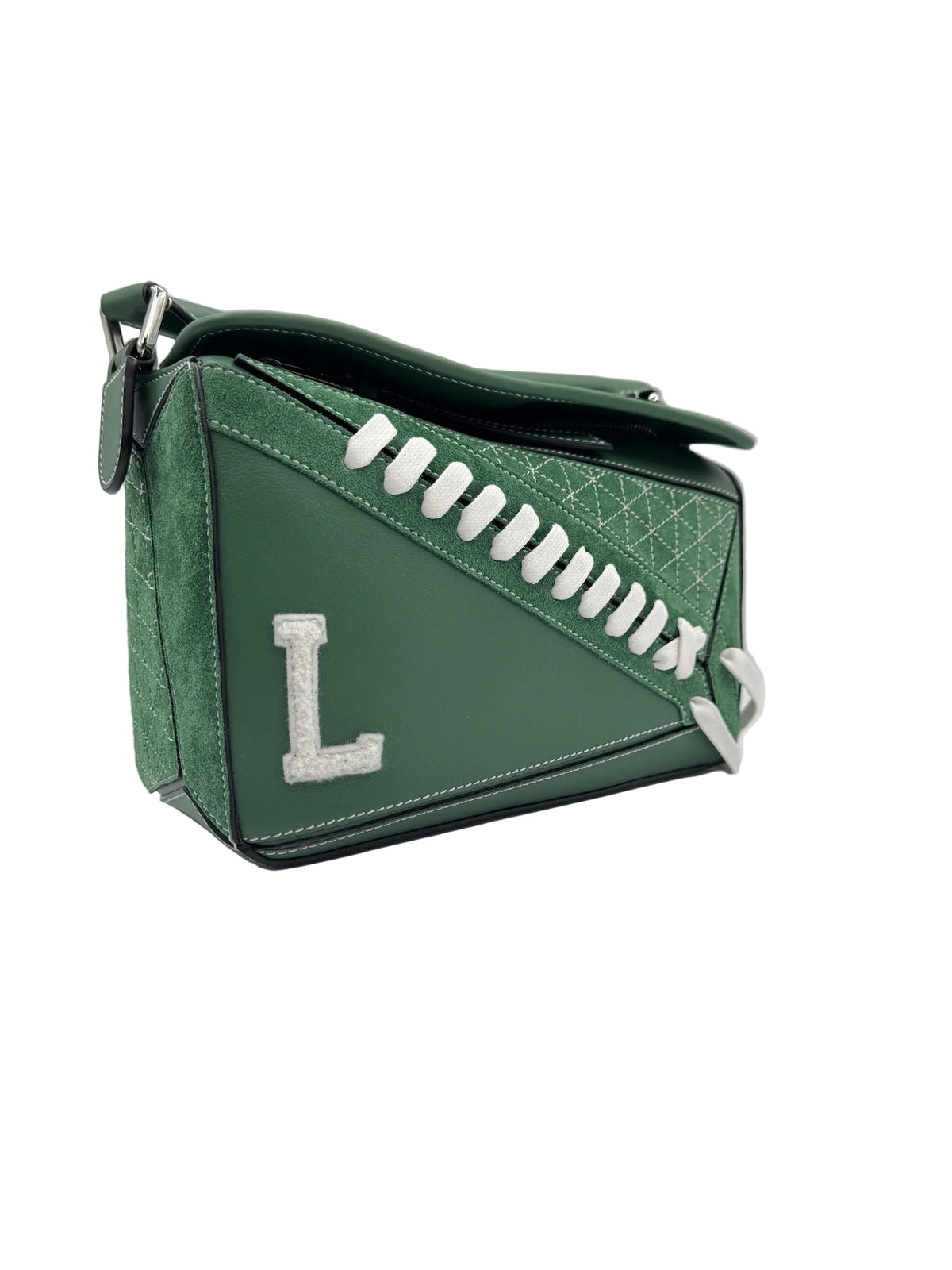 Loewe Green Suede Puzzle 10 Varsity Bag