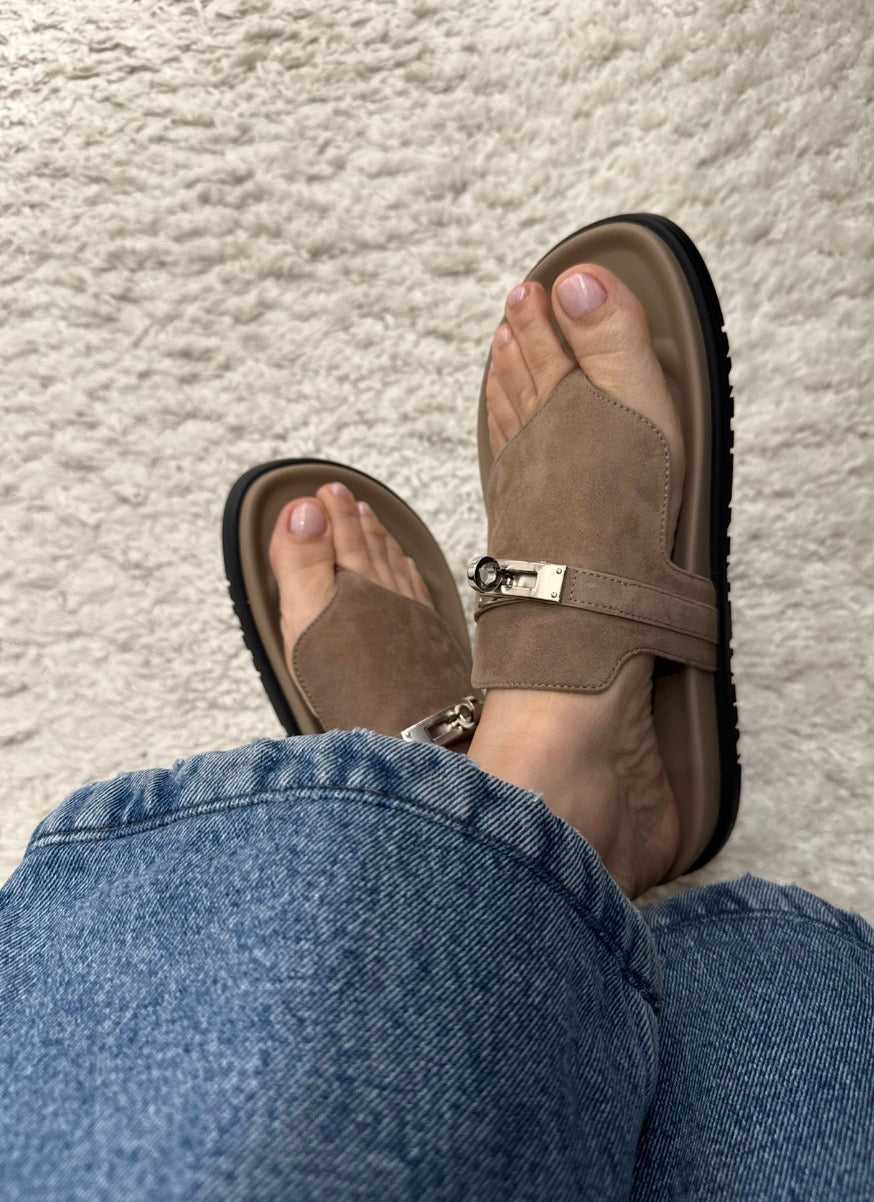 Hermès Empire Sandals Beige Suede Palladium Hardware