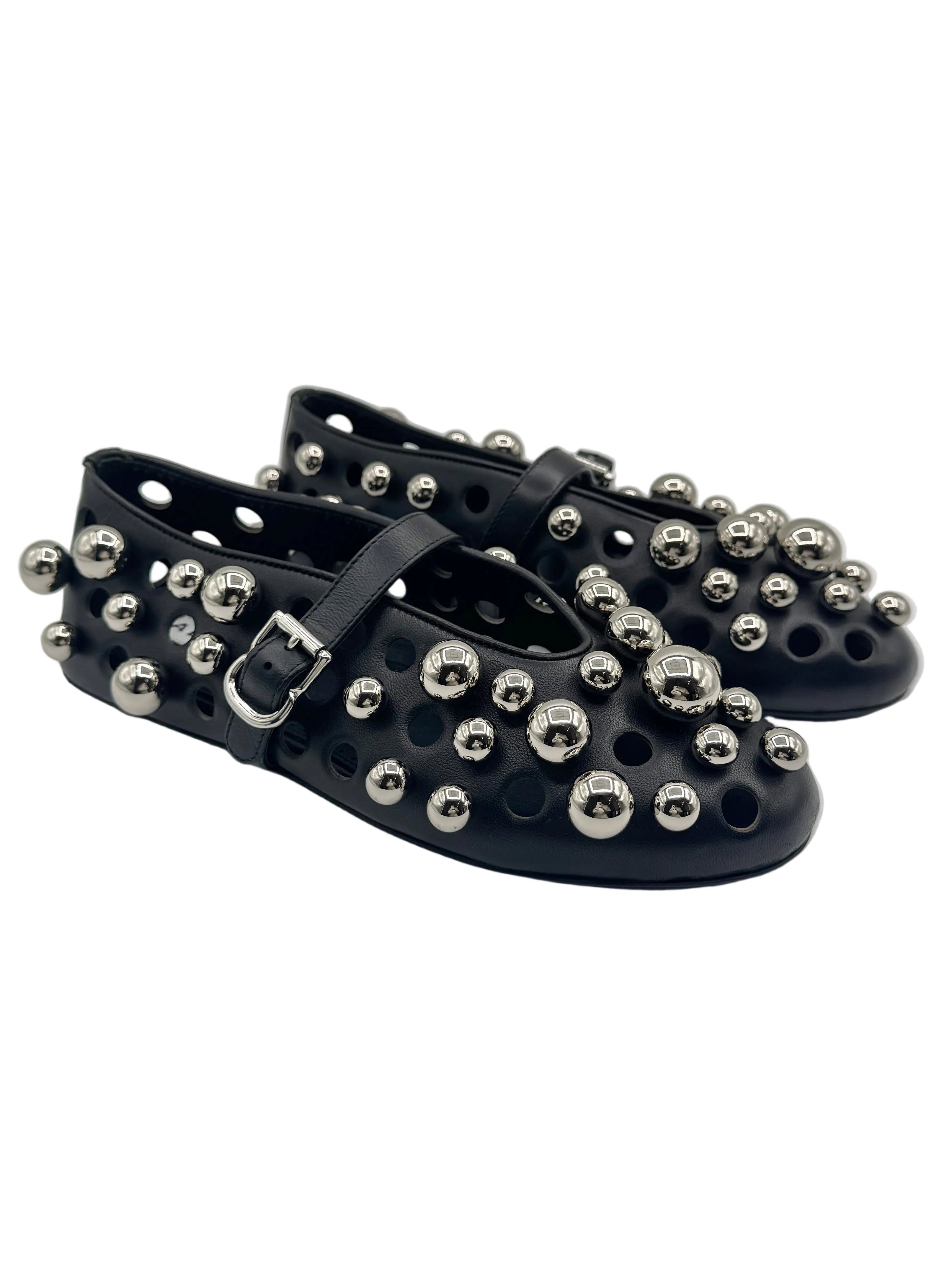 Alaïa Black Leather Silver Balls Ballet Flats