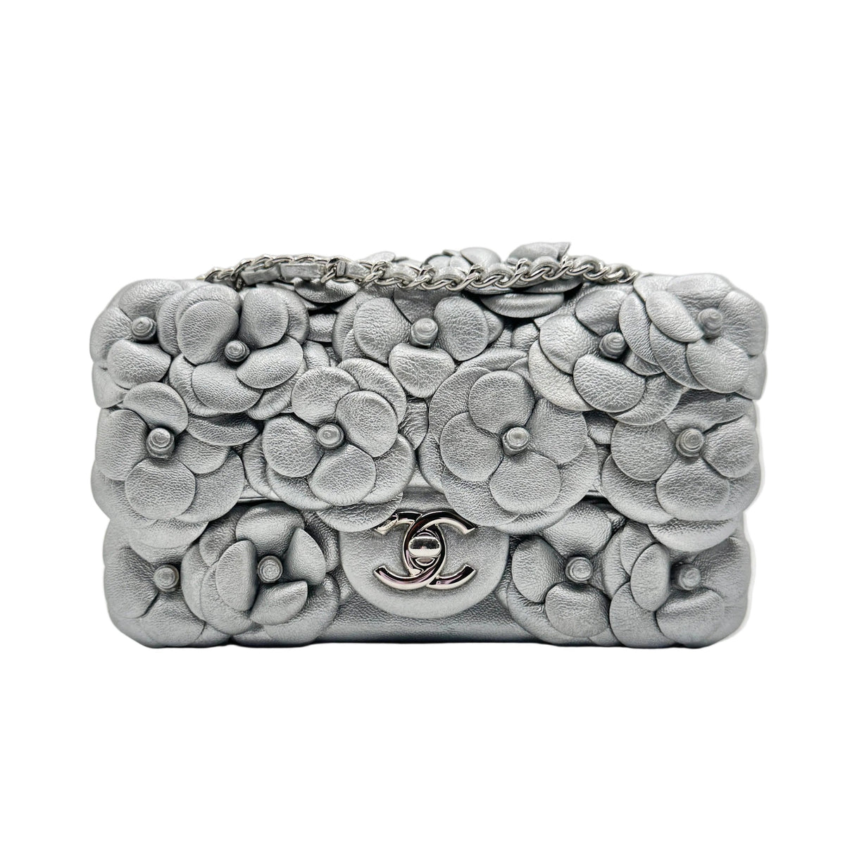 Chanel Silver Camellia Mini Flapbag