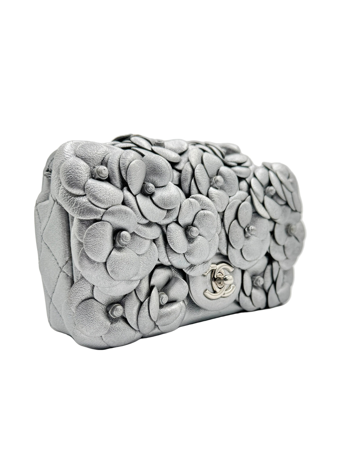 Chanel Silver Camellia Mini Flapbag