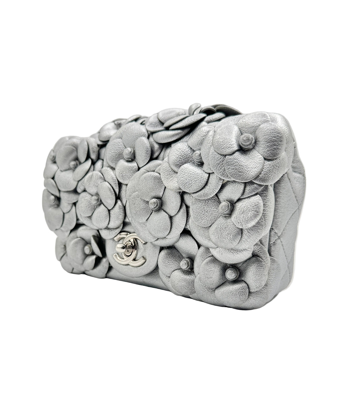 Chanel Silver Camellia Mini Flapbag