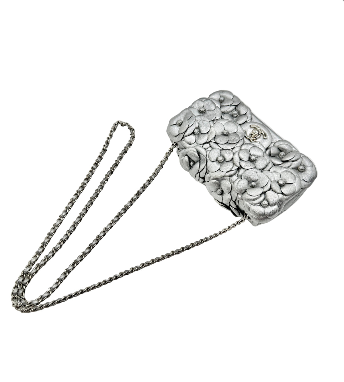 Chanel Silver Camellia Mini Flapbag