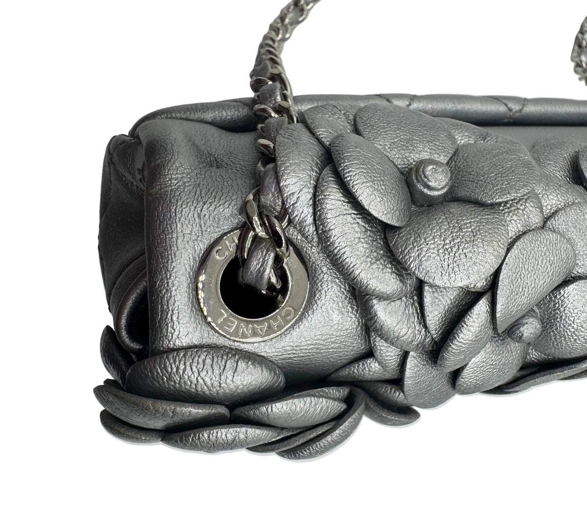 Chanel Silver Camellia Mini Flapbag