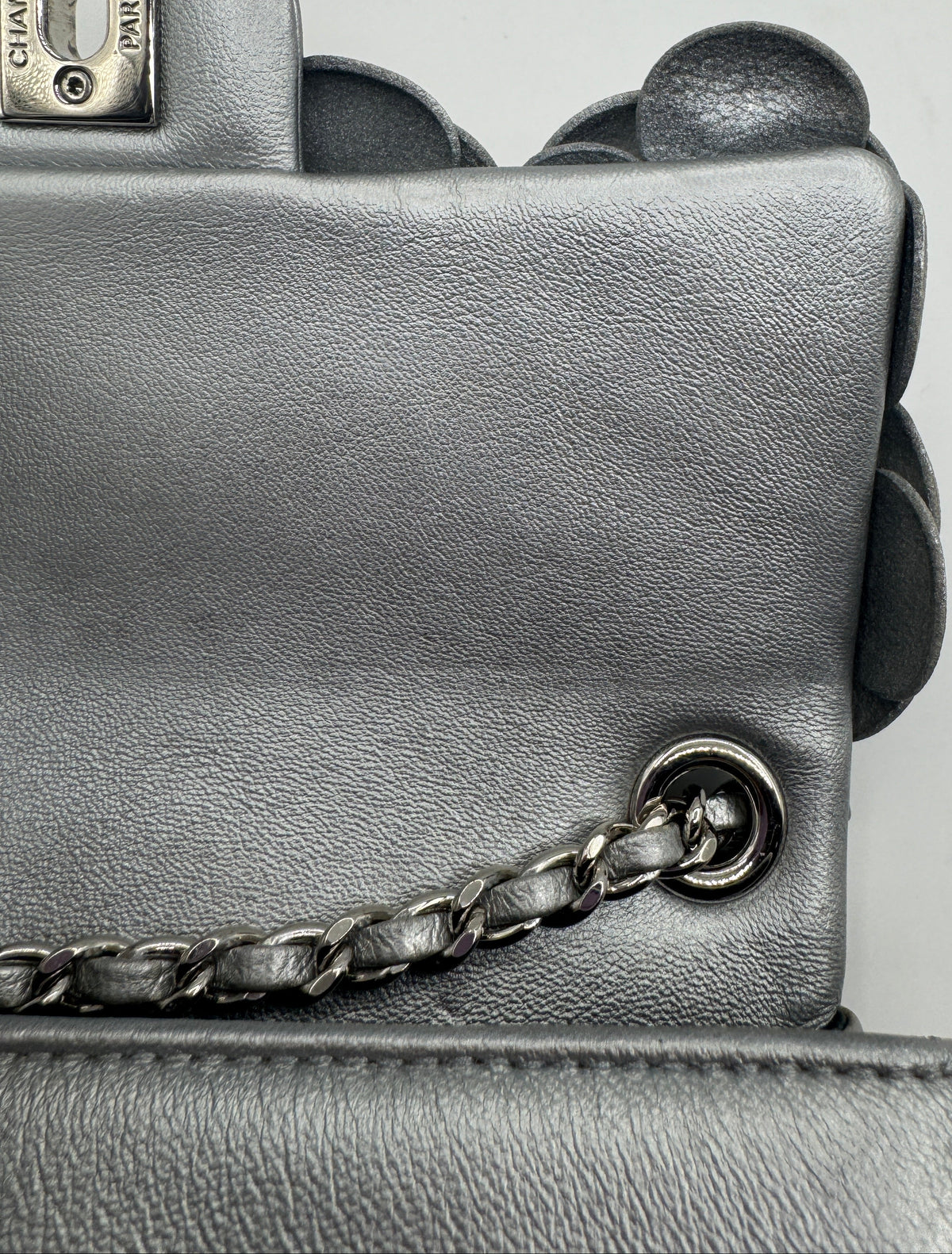 Chanel Silver Camellia Mini Flapbag