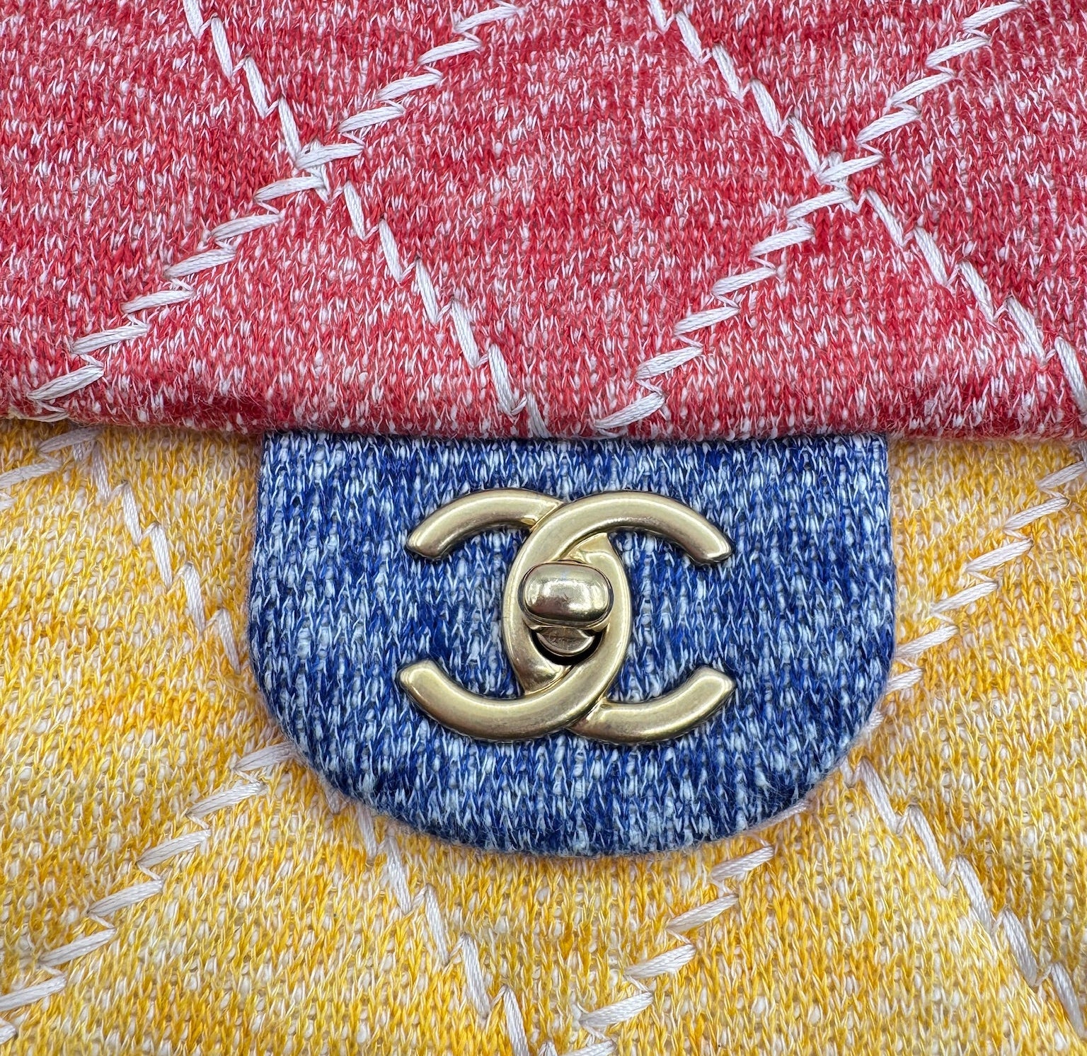 Chanel Color Block Quilted Jersey Fabric Large Flapbag