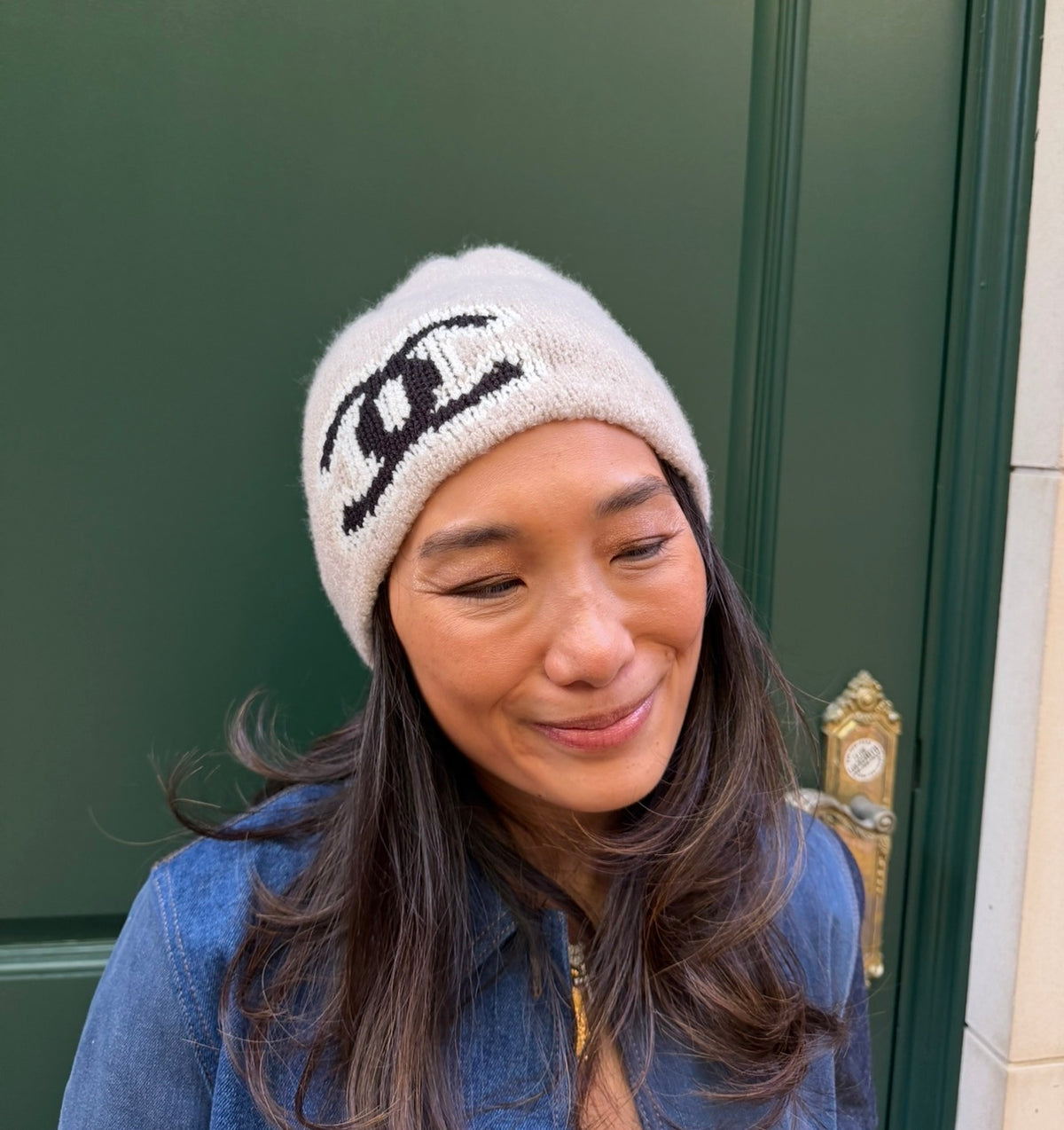 Chanel Beige Beanie with Black CC Logo