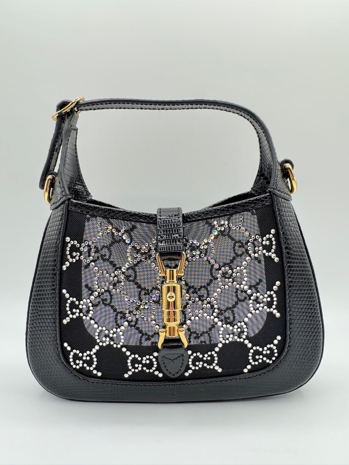 Gucci Mini Jackie Black Lizard Bag with GG Crystals