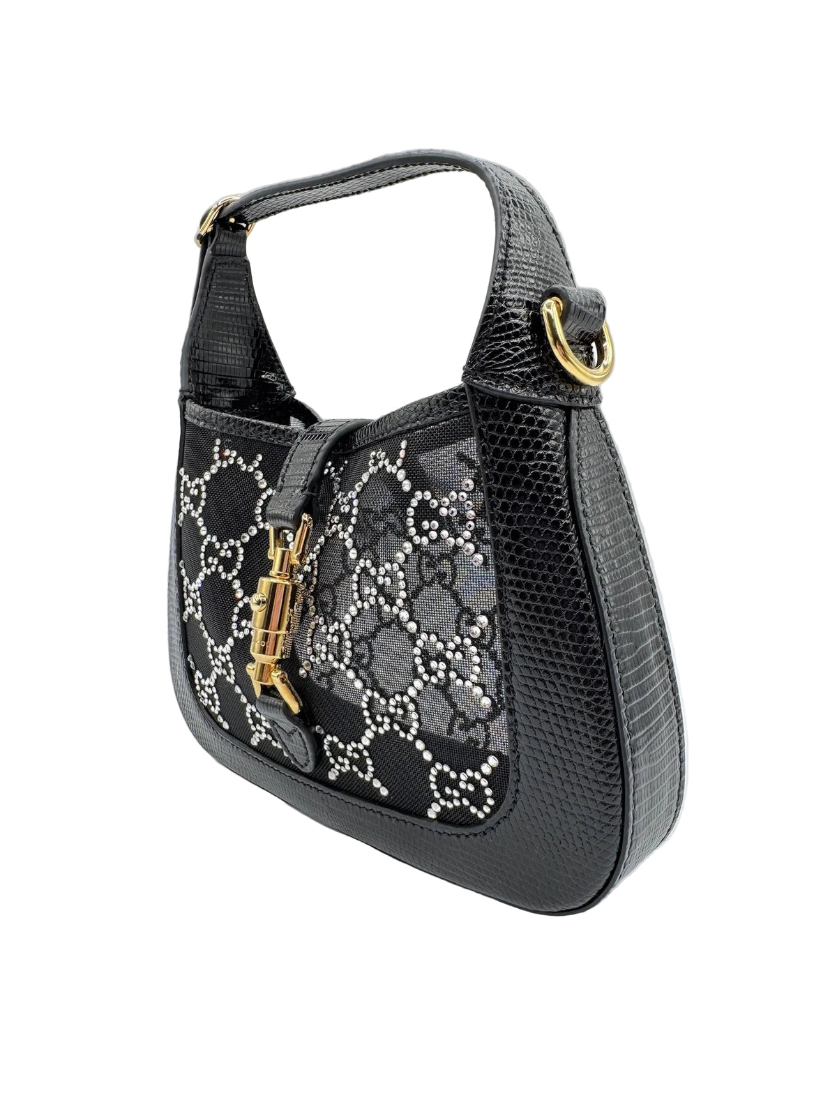 Gucci Mini Jackie Black Lizard Bag with GG Crystals