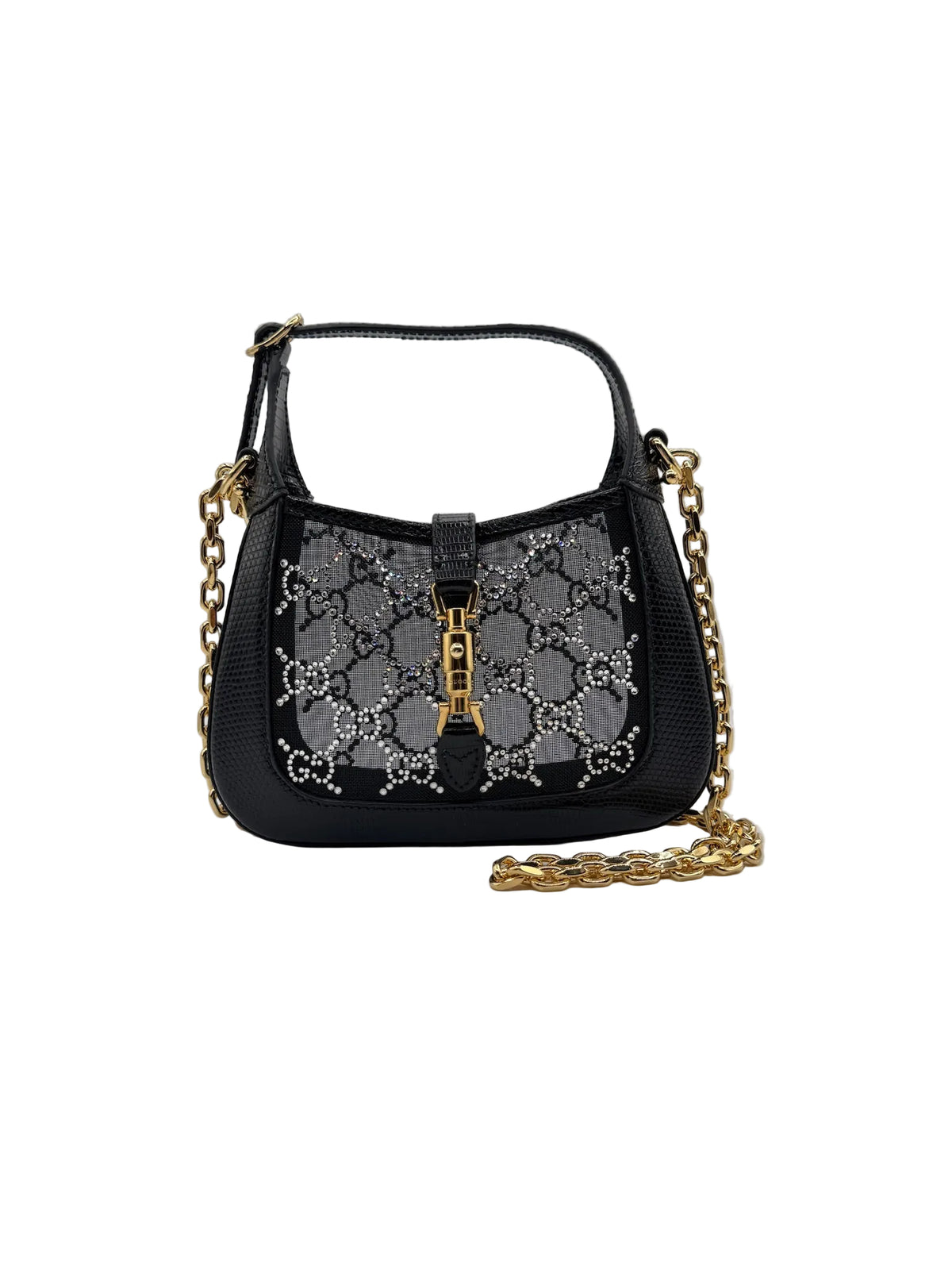 Gucci Mini Jackie Black Lizard Bag with GG Crystals