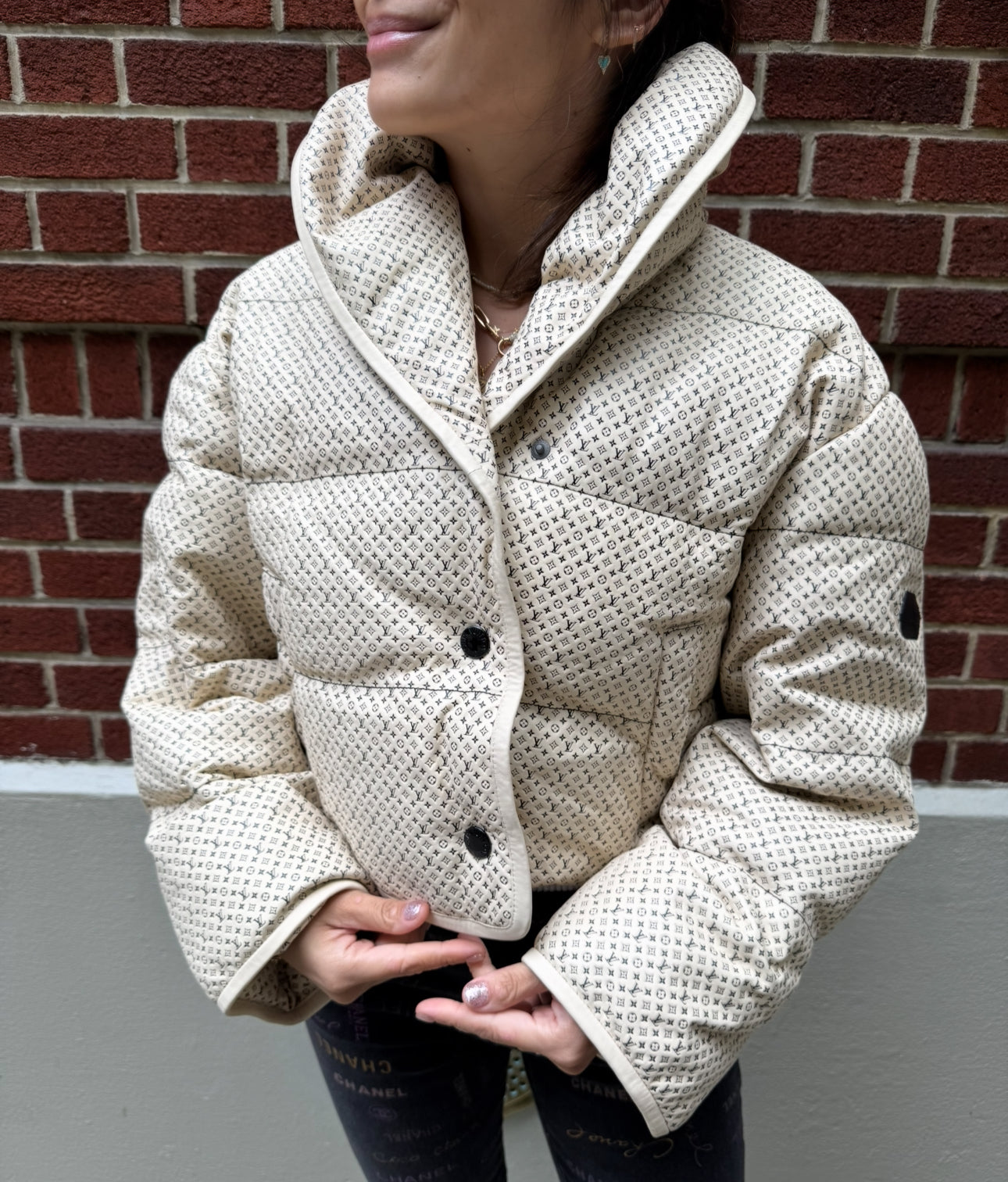 Louis Vuitton Cream Leather Puffer Jacket with Mini Monograms