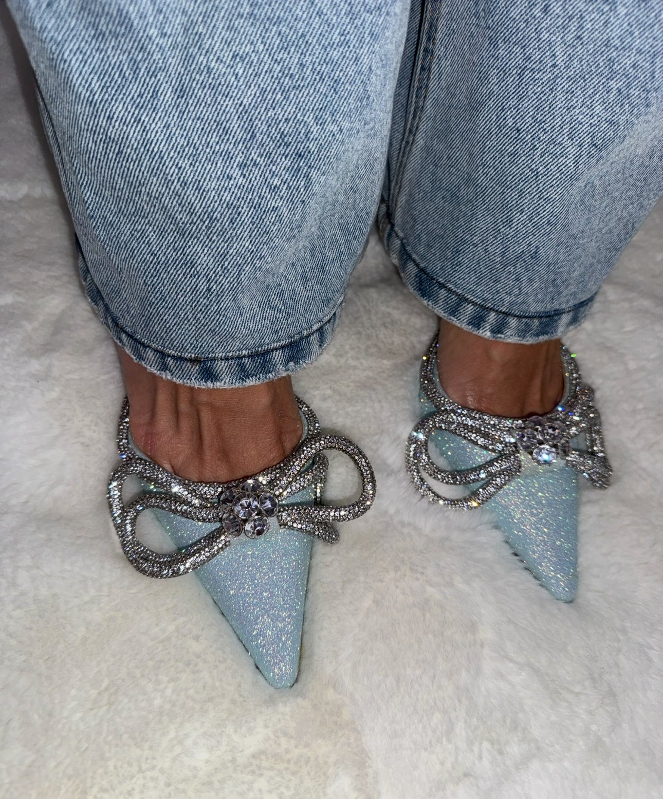 Mach and Mach Baby Blue Glitter Bow Heels