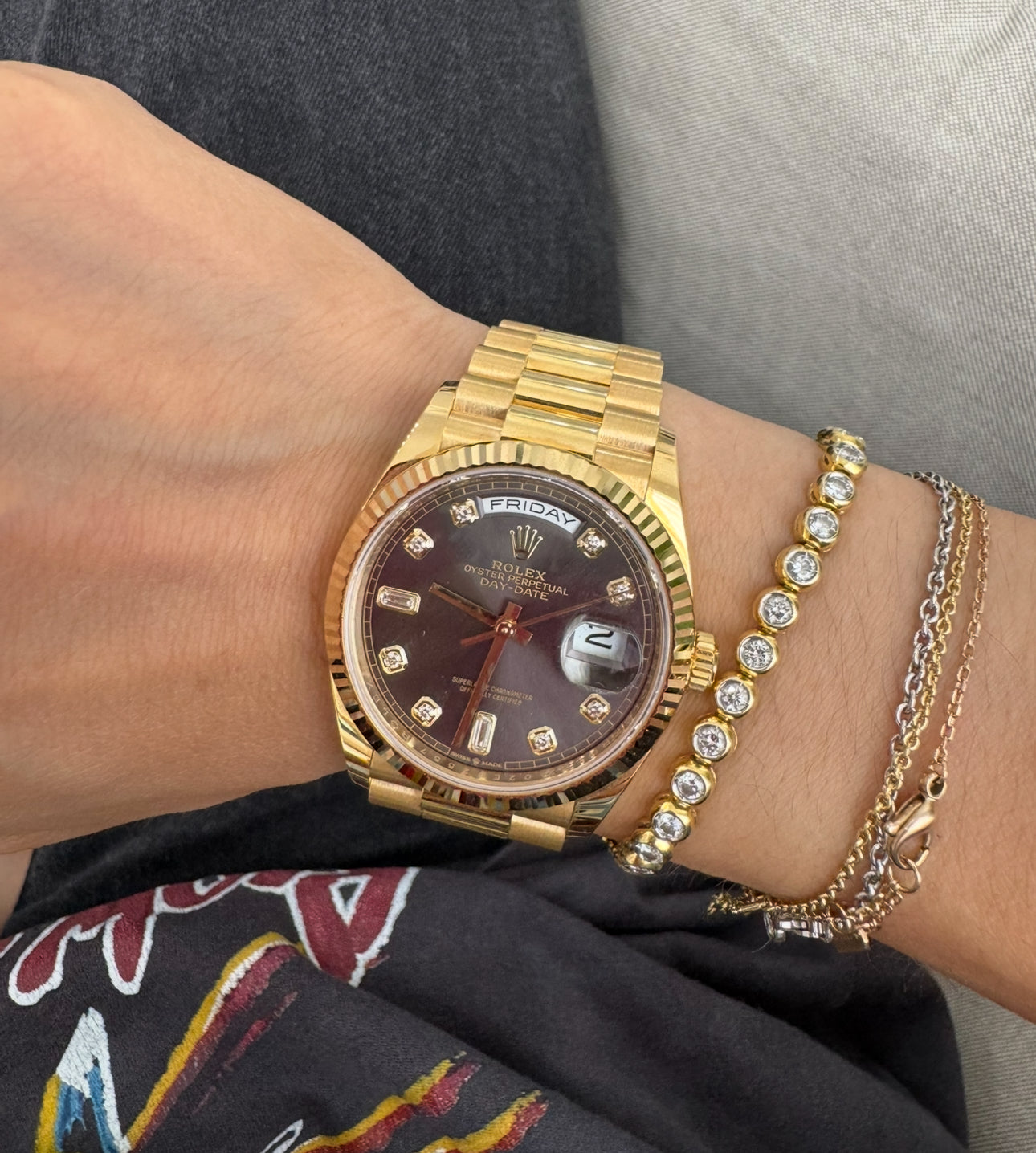 Rolex 36MM Day Date Yellow Gold and Dark Gray Dial with Diamonds