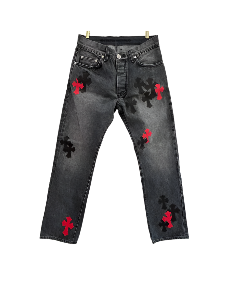 Chrome Hearts Black Jeans Red and Black Cross Leather Patches
