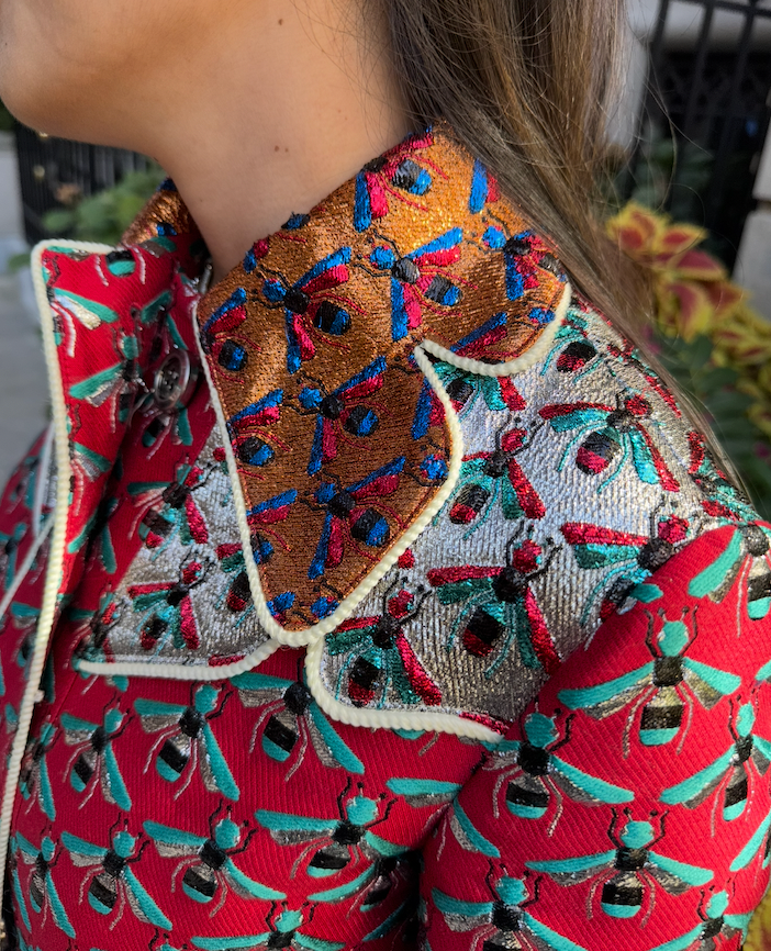GUCCI Metallic Multicolor Coat with Bees and Mink on Cuffs